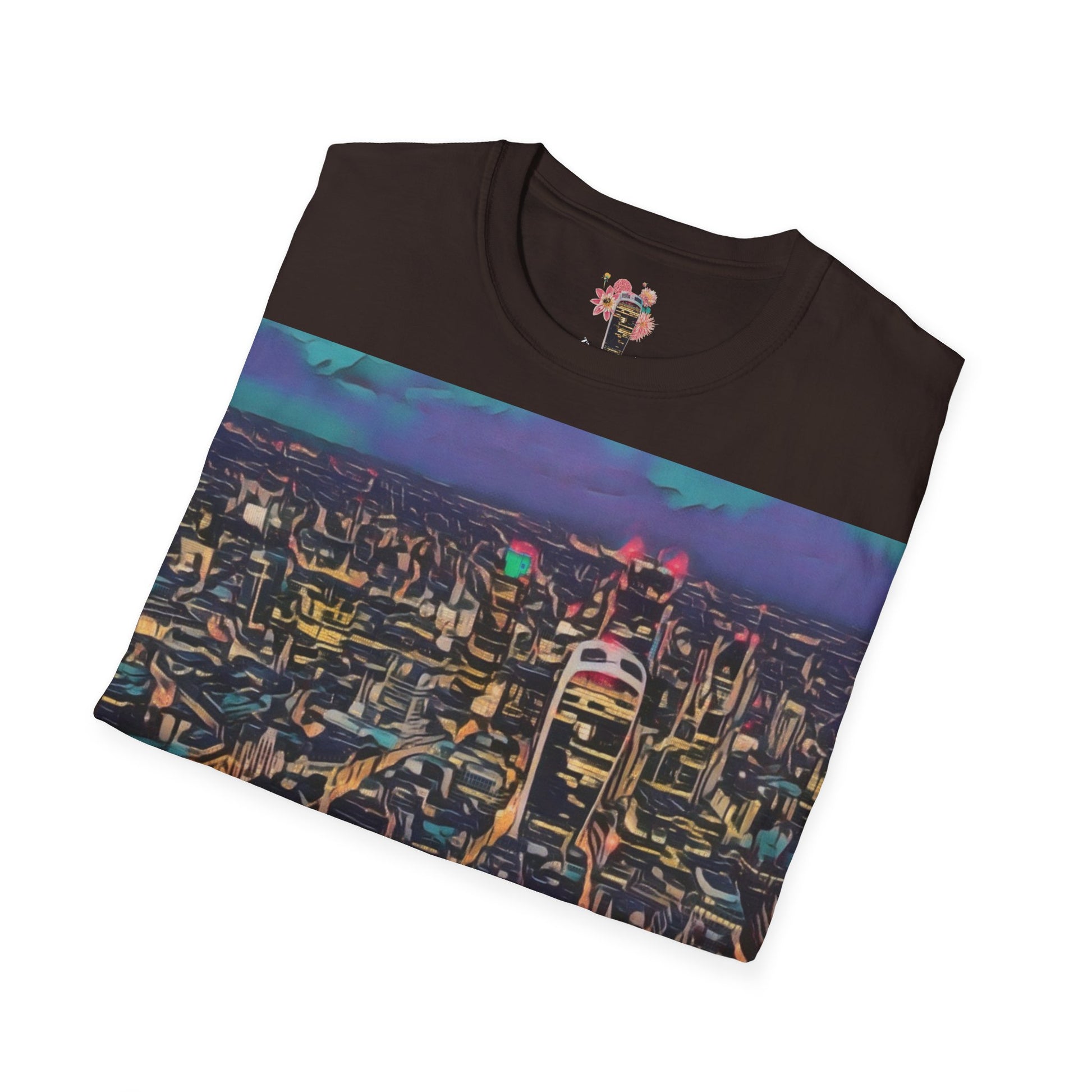 cityscape-art-unisex-softstyle-t-shirt-urban-photography-tee-streetwear-nightlife-fashion-gift-for-travelers-summer-outfit - front view