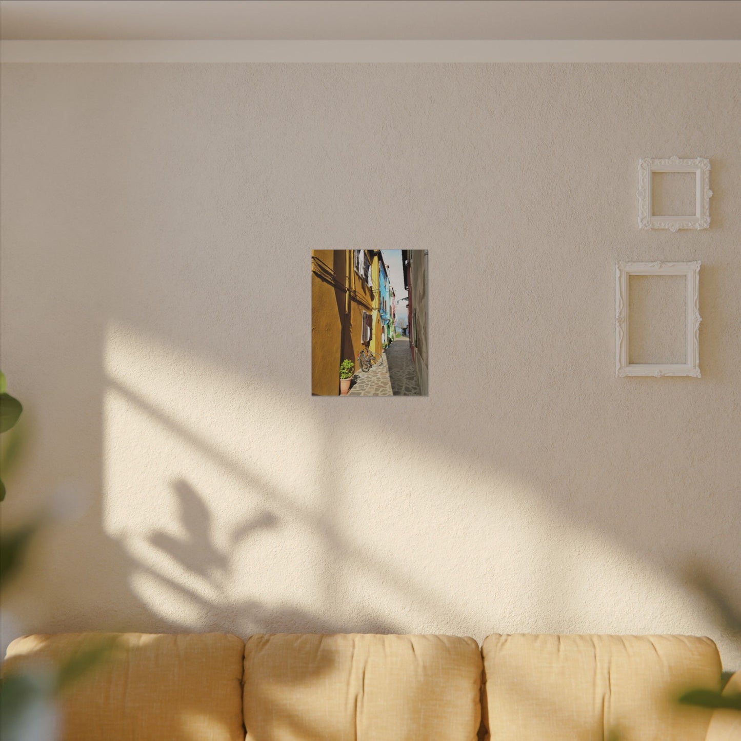 Mulano Street Scene Matte Canvas Print — Yellow Houses & Hanging Clothes, Stretched Wall Art