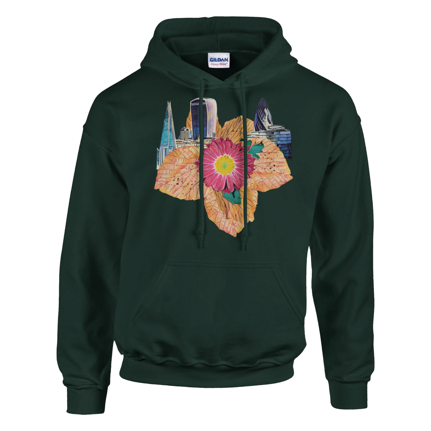 autumn-red-floral-hoodie-cozy-heavy-blend-with-leaves-design - front view