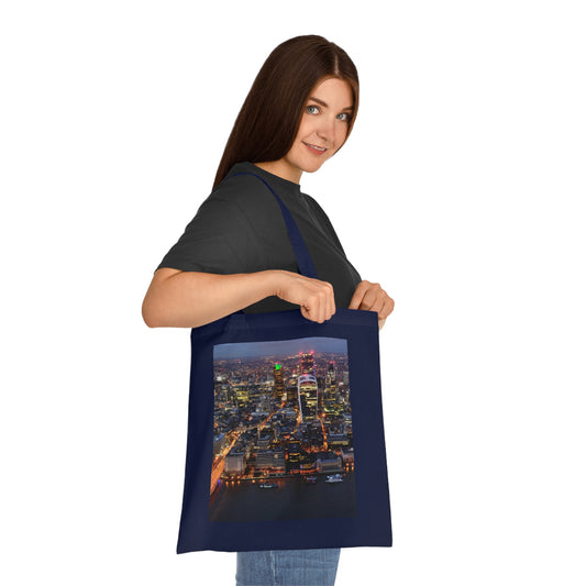 cotton-tote-bag-with-london-skyline-from-the-shard-at-night-shopper-bag-travel-tote-reusable-grocery-bag-cityscape-tote-eco-friendly - front view