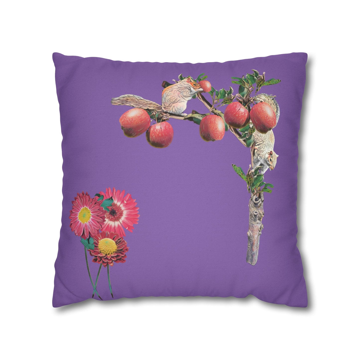 lavander-pillowcase-squirrels-and-apple-tree-floral-design - front view