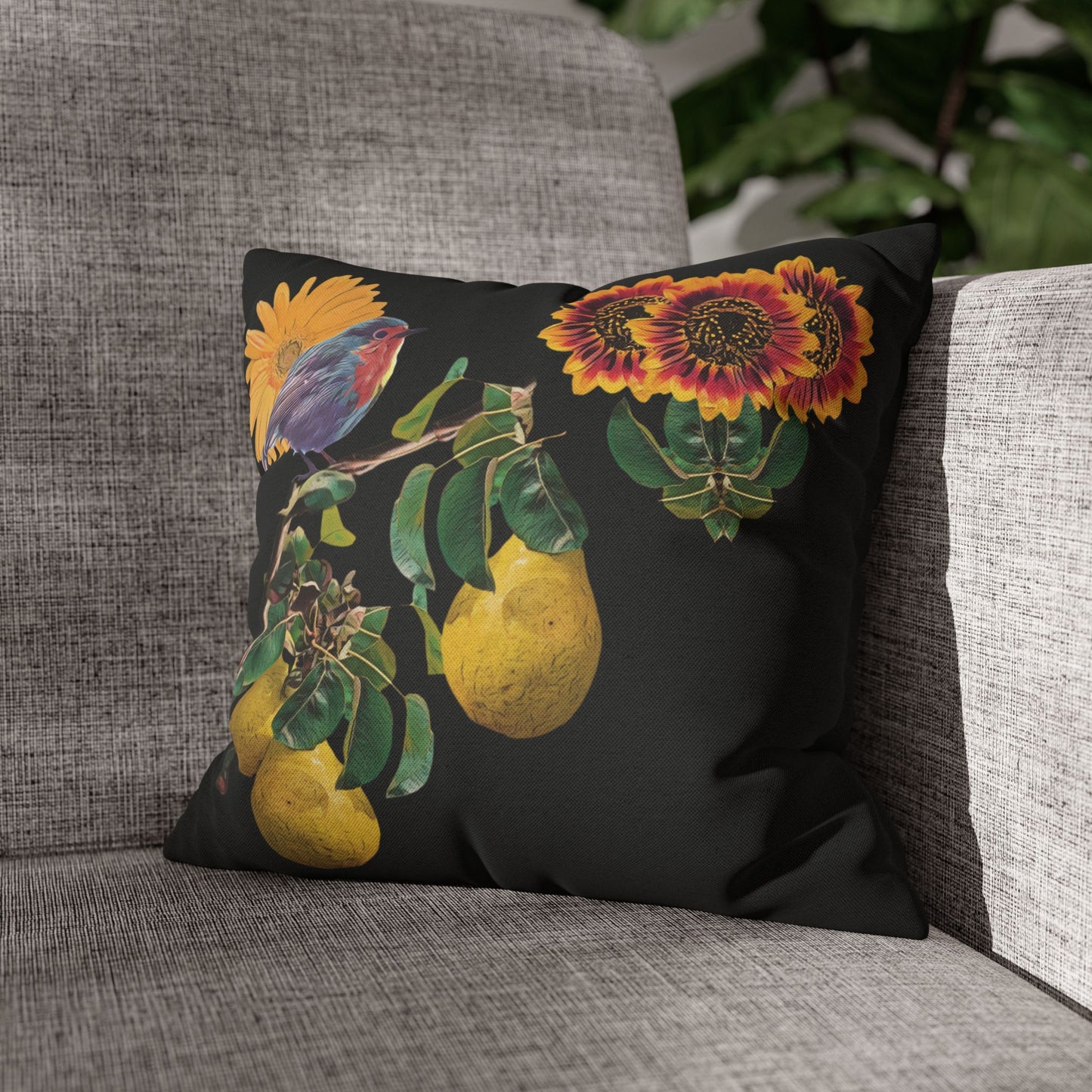 black-no-leaves-pillowcase-robin-and-pears-tree-and-sunflower-design - front view