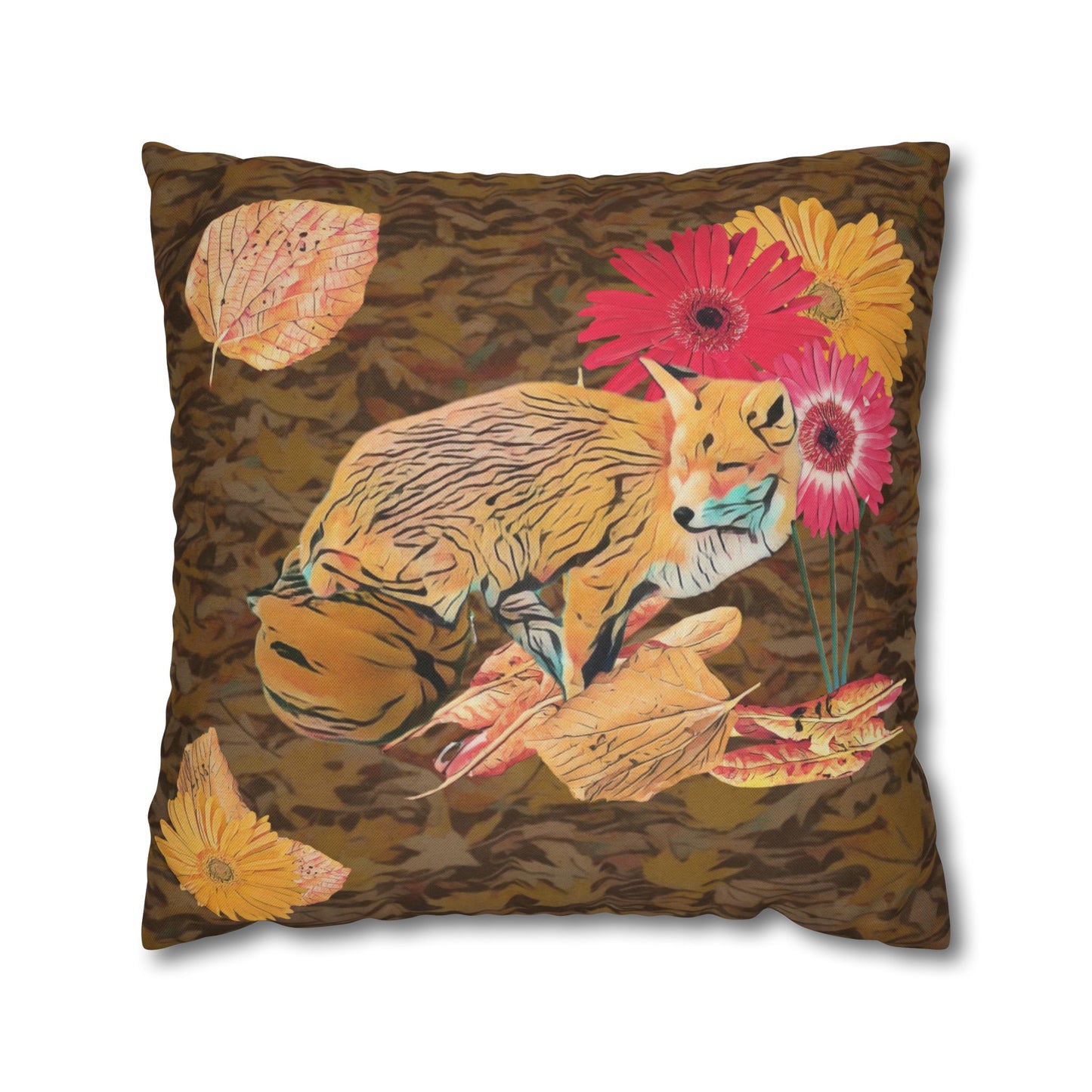 brown-pillowcase-cozy-fox-pumpkins-and-chrysanthemum-autumn-leaves-design - front view