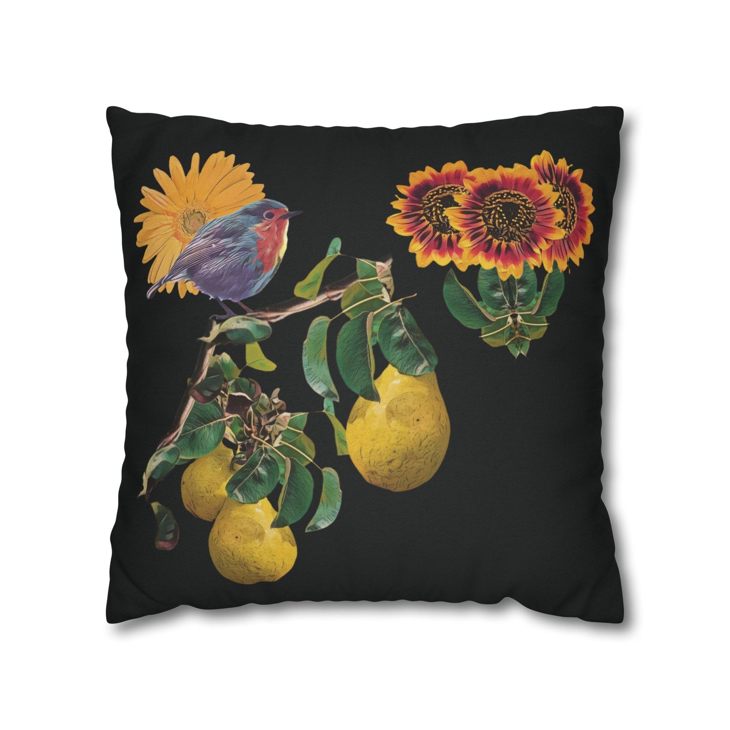 black-no-leaves-pillowcase-robin-and-pears-tree-and-sunflower-design - front view
