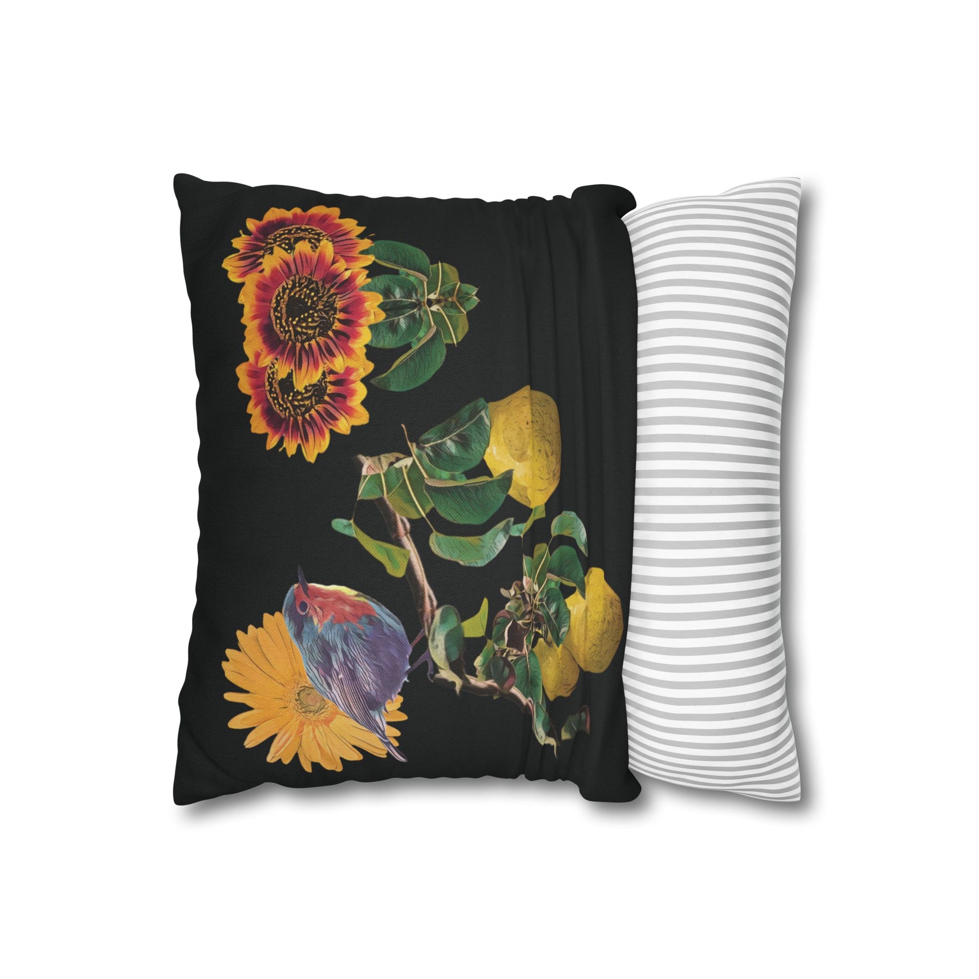 black-no-leaves-pillowcase-robin-and-pears-tree-and-sunflower-design - front view