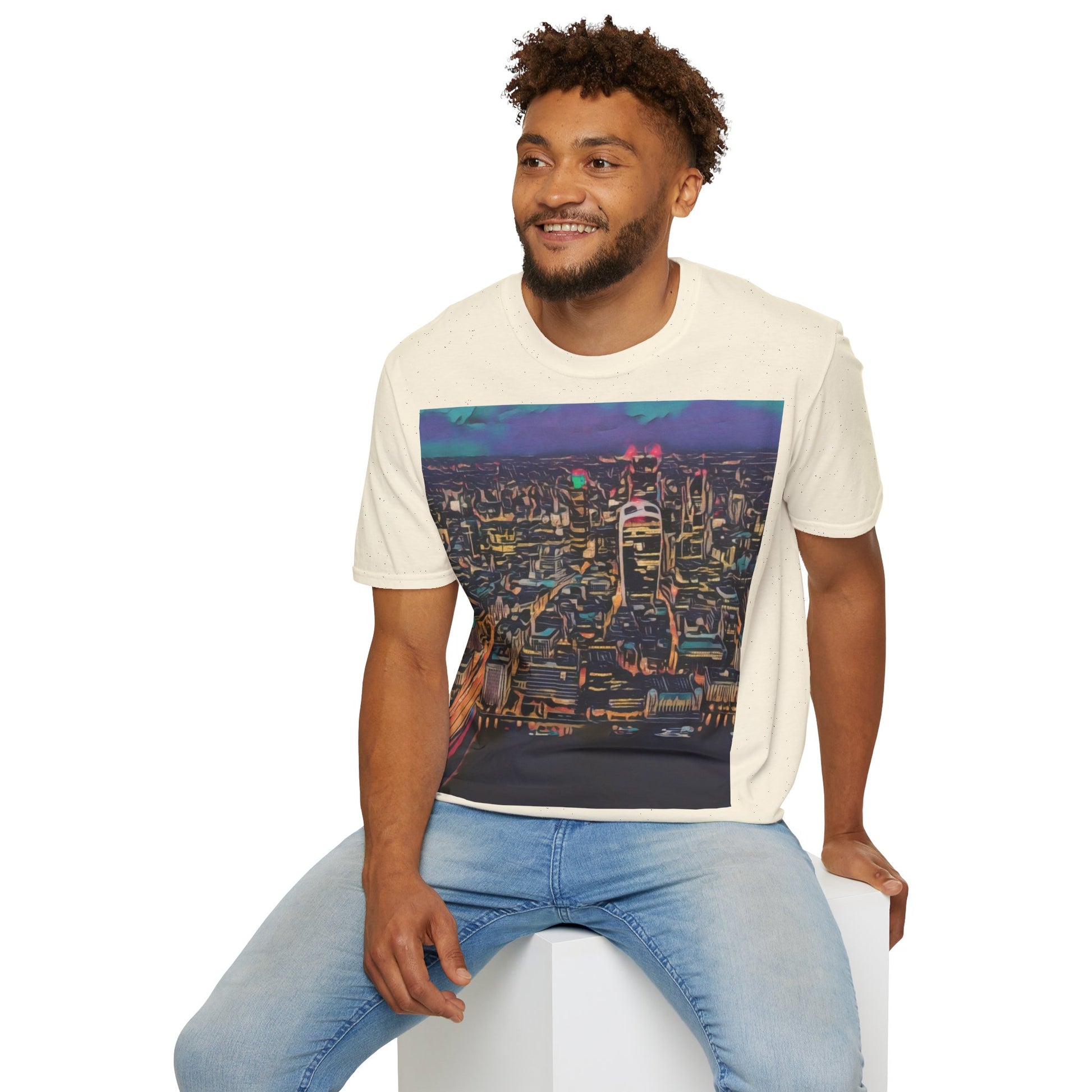 cityscape-art-unisex-softstyle-t-shirt-urban-photography-tee-streetwear-nightlife-fashion-gift-for-travelers-summer-outfit - front view