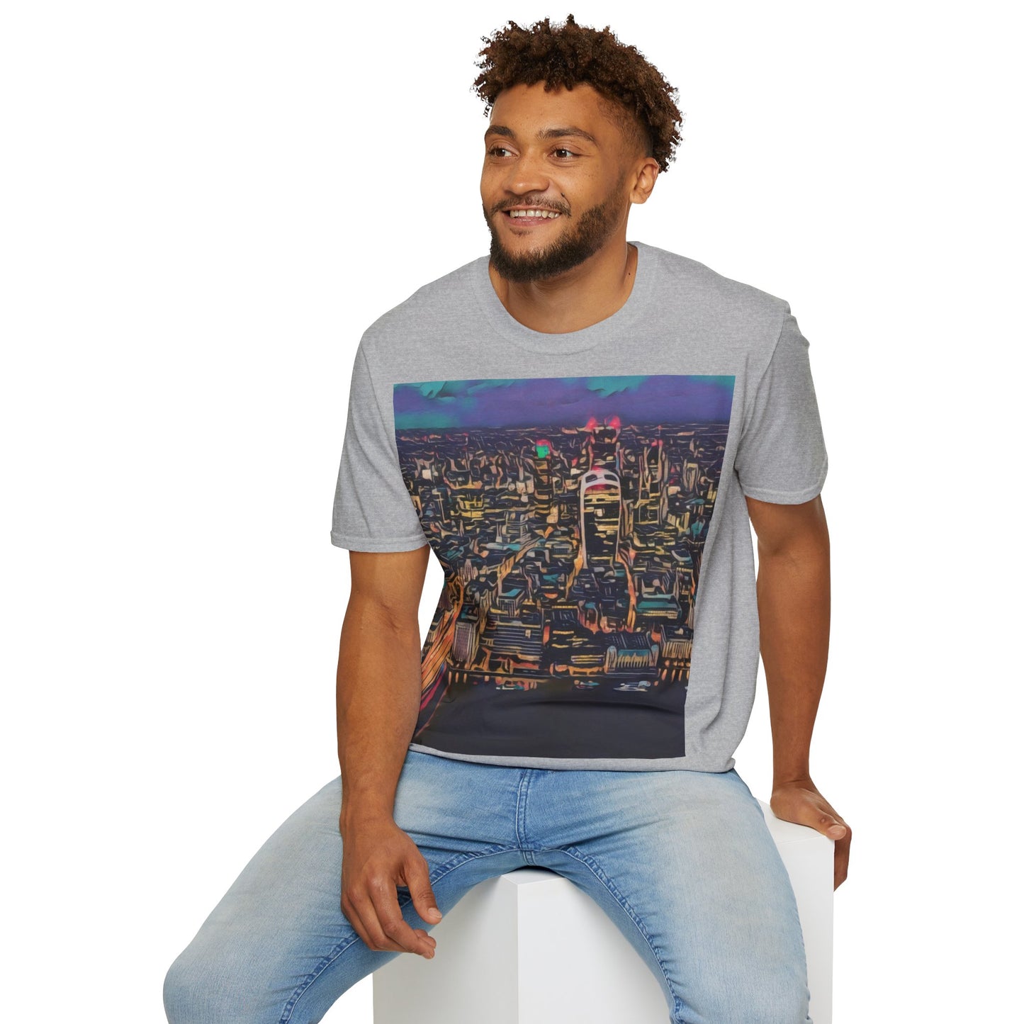 cityscape-art-unisex-softstyle-t-shirt-urban-photography-tee-streetwear-nightlife-fashion-gift-for-travelers-summer-outfit - front view