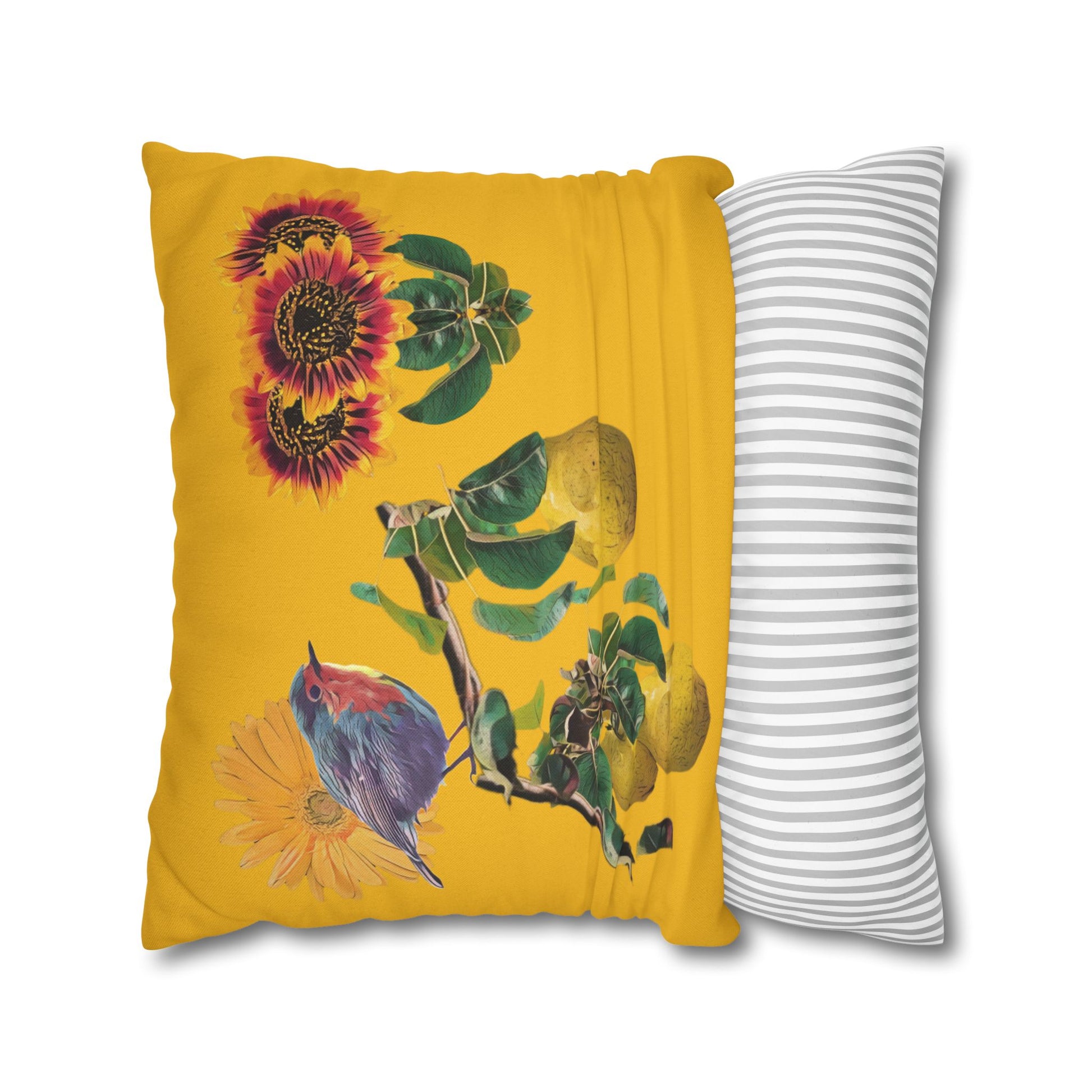 black-pillowcase-robin-and-pears-tree-and-sunflower-design - front view