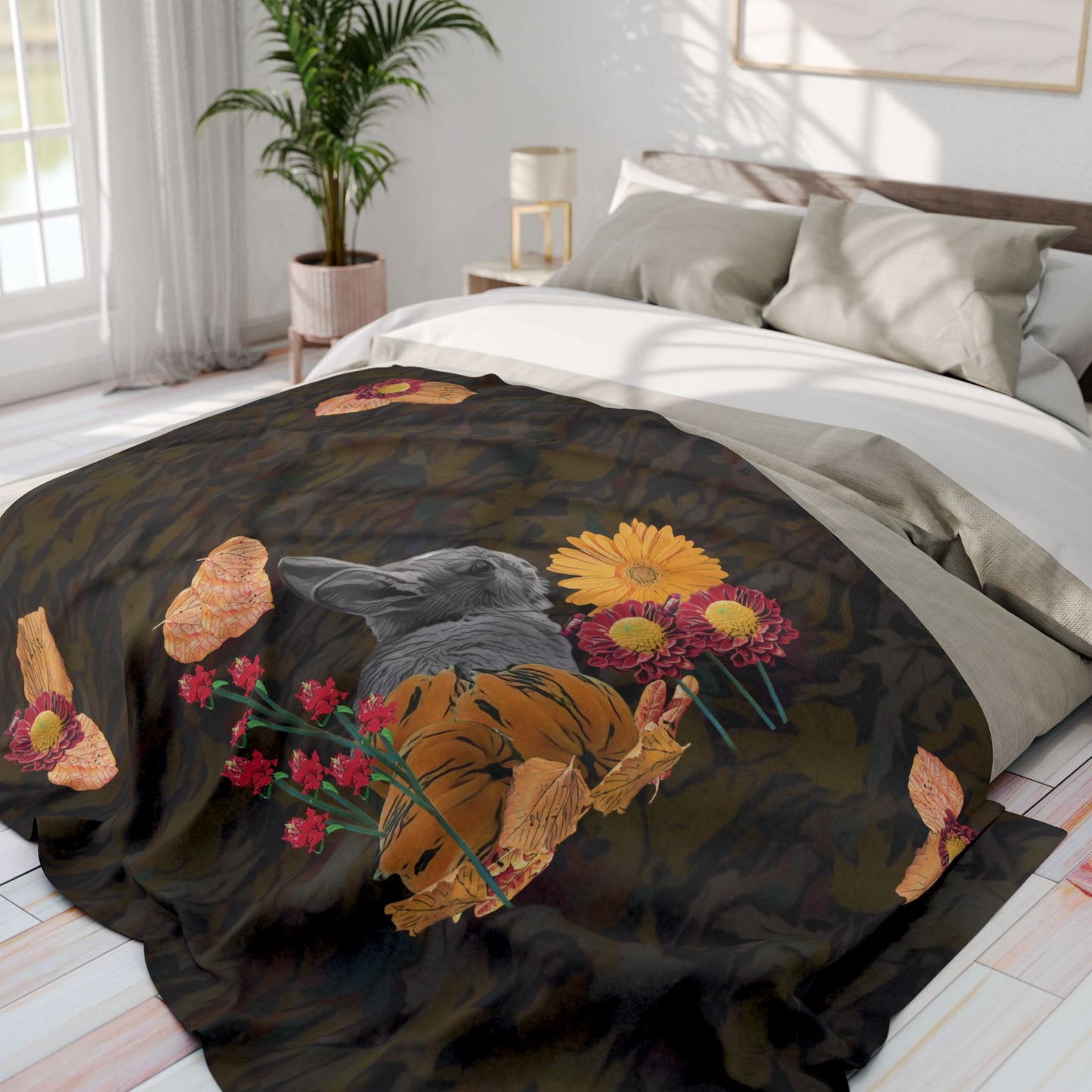 dark-fleece-blanket-fox-pear-pumpkin-rabbit-tomatoes-falling-leaves-design - front view