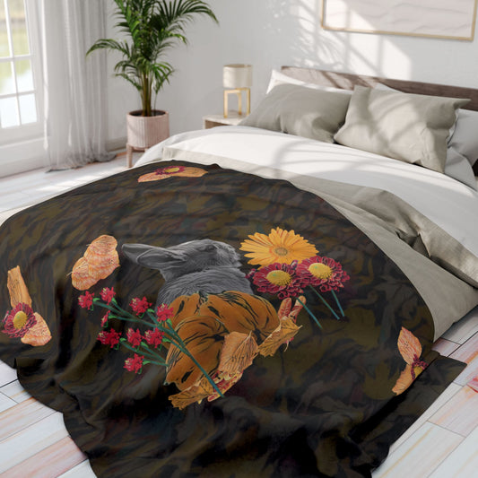 dark-fleece-blanket-fox-pear-pumpkin-rabbit-tomatoes-falling-leaves-design - front view