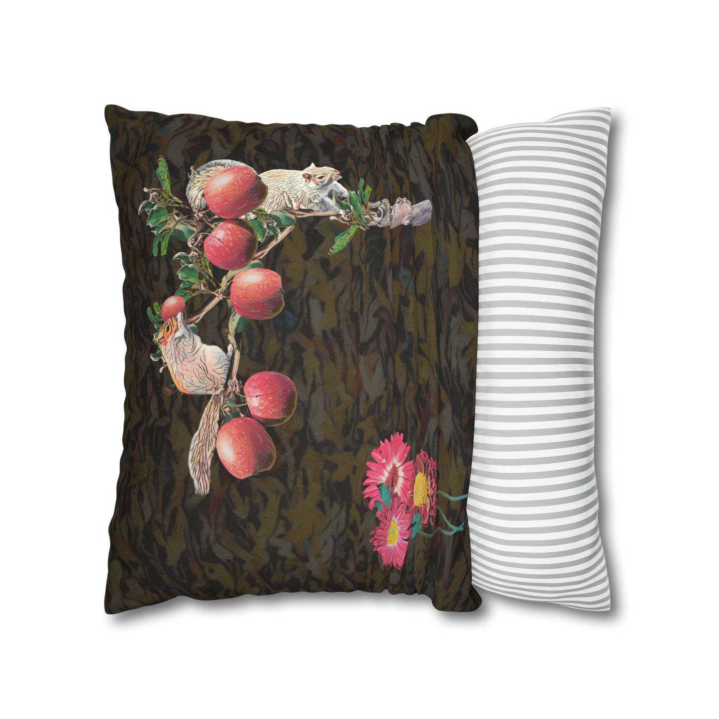 black-pillowcase-squirrels-and-apple-tree-floral-design - front view
