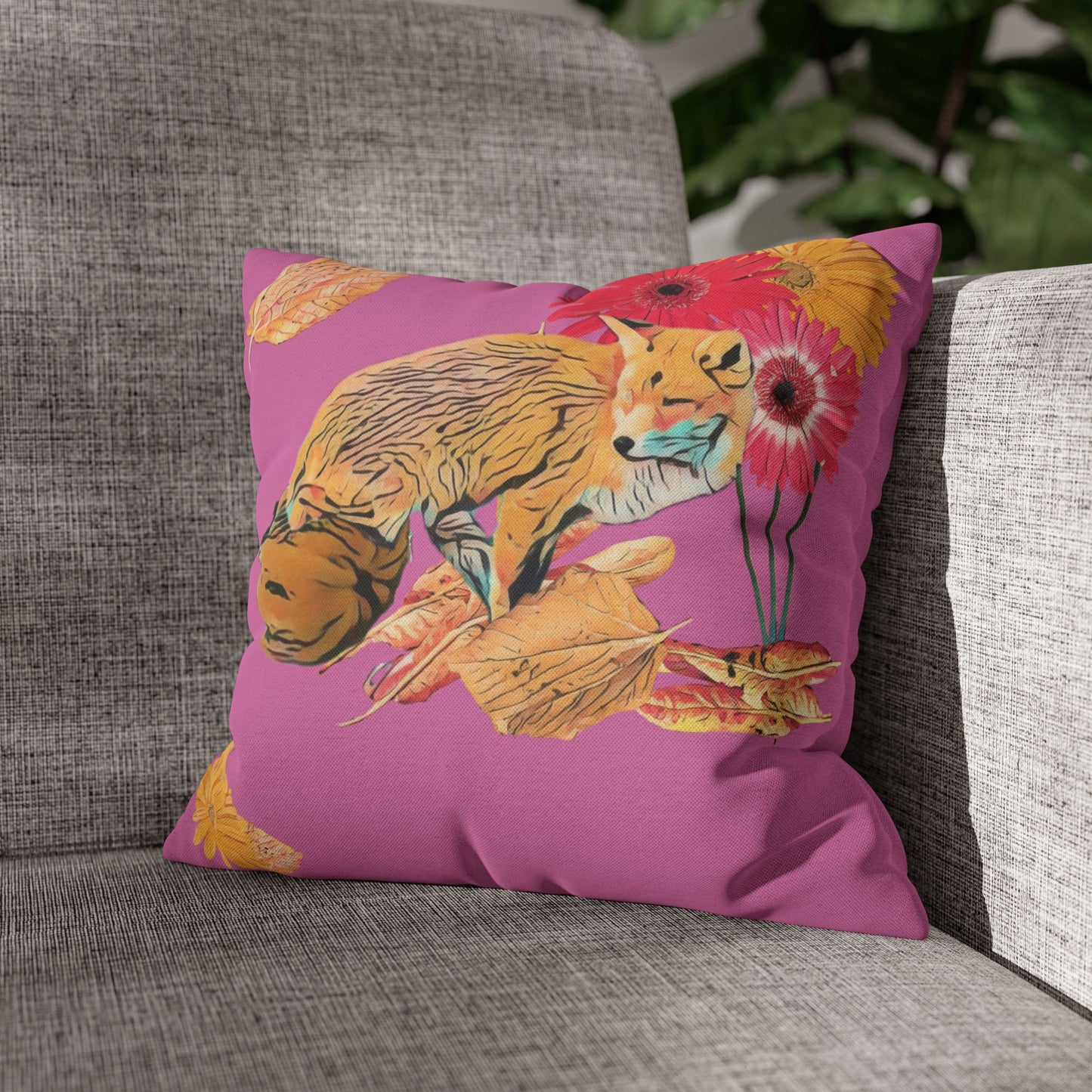 light-pink-pillowcase-cozy-fox-pumpkins-and-chrysanthemum-autumn-leaves-design - front view