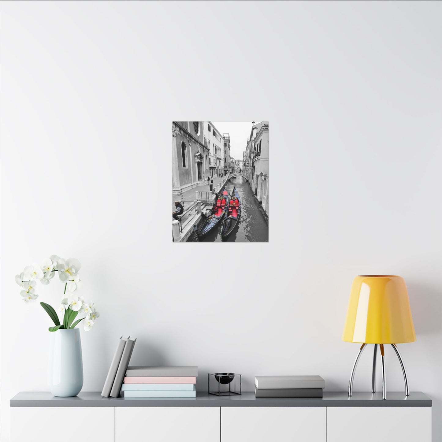Venice Gondola Canvas Print — Black & White Scene with Colored Gondolas