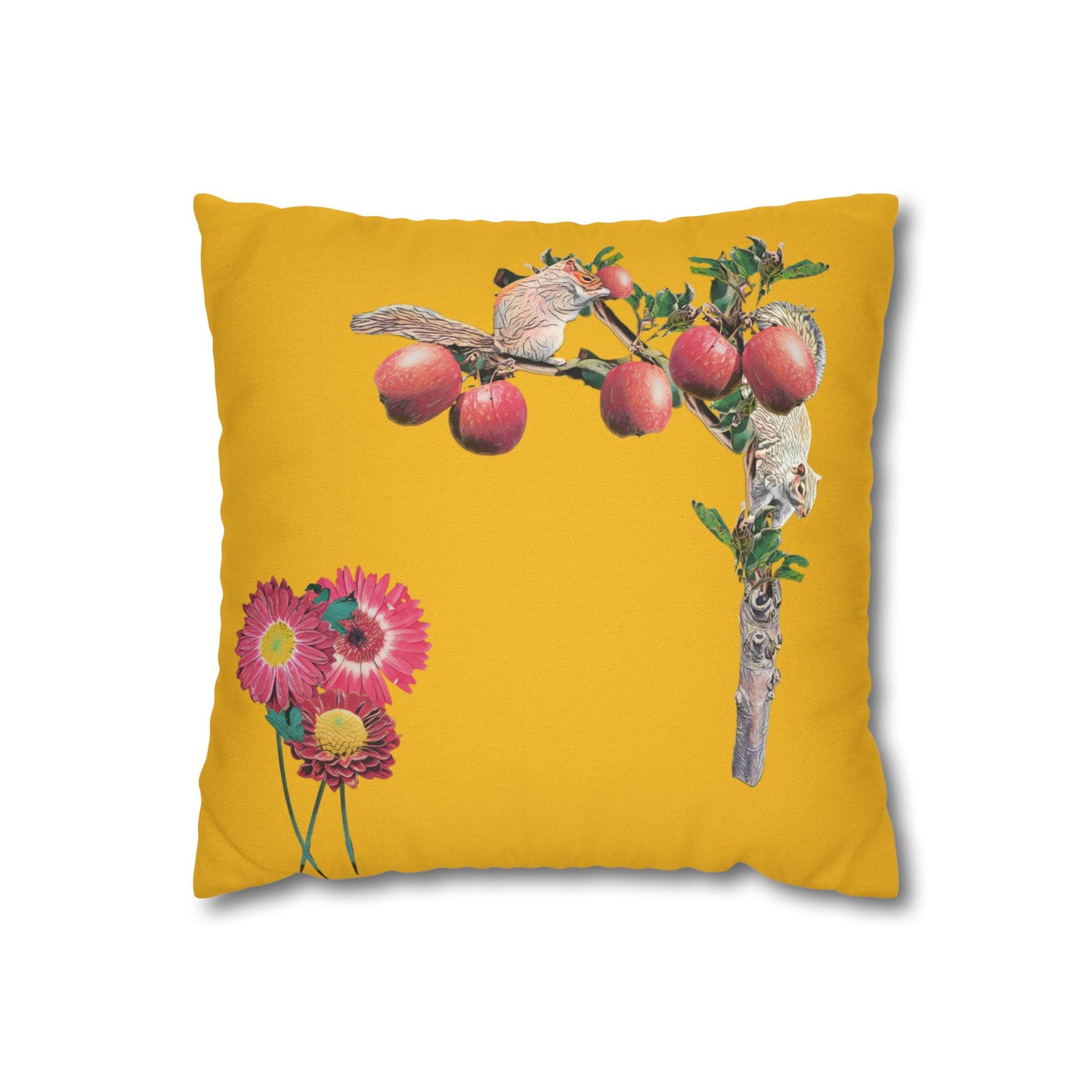 yellow-pillowcase-squirrels-and-apple-tree-floral-design - front view