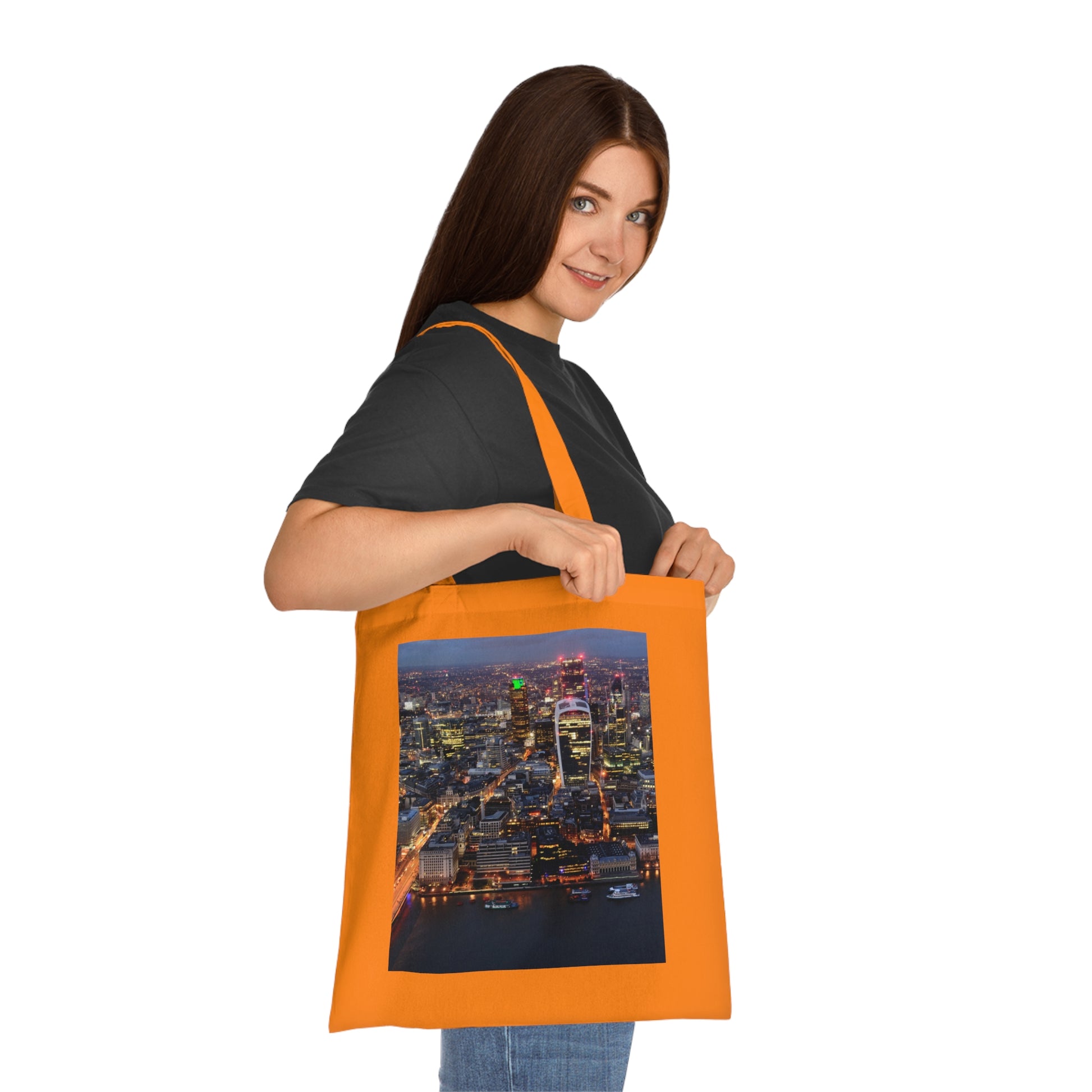 cotton-tote-bag-with-london-skyline-from-the-shard-at-night-shopper-bag-travel-tote-reusable-grocery-bag-cityscape-tote-eco-friendly - front view