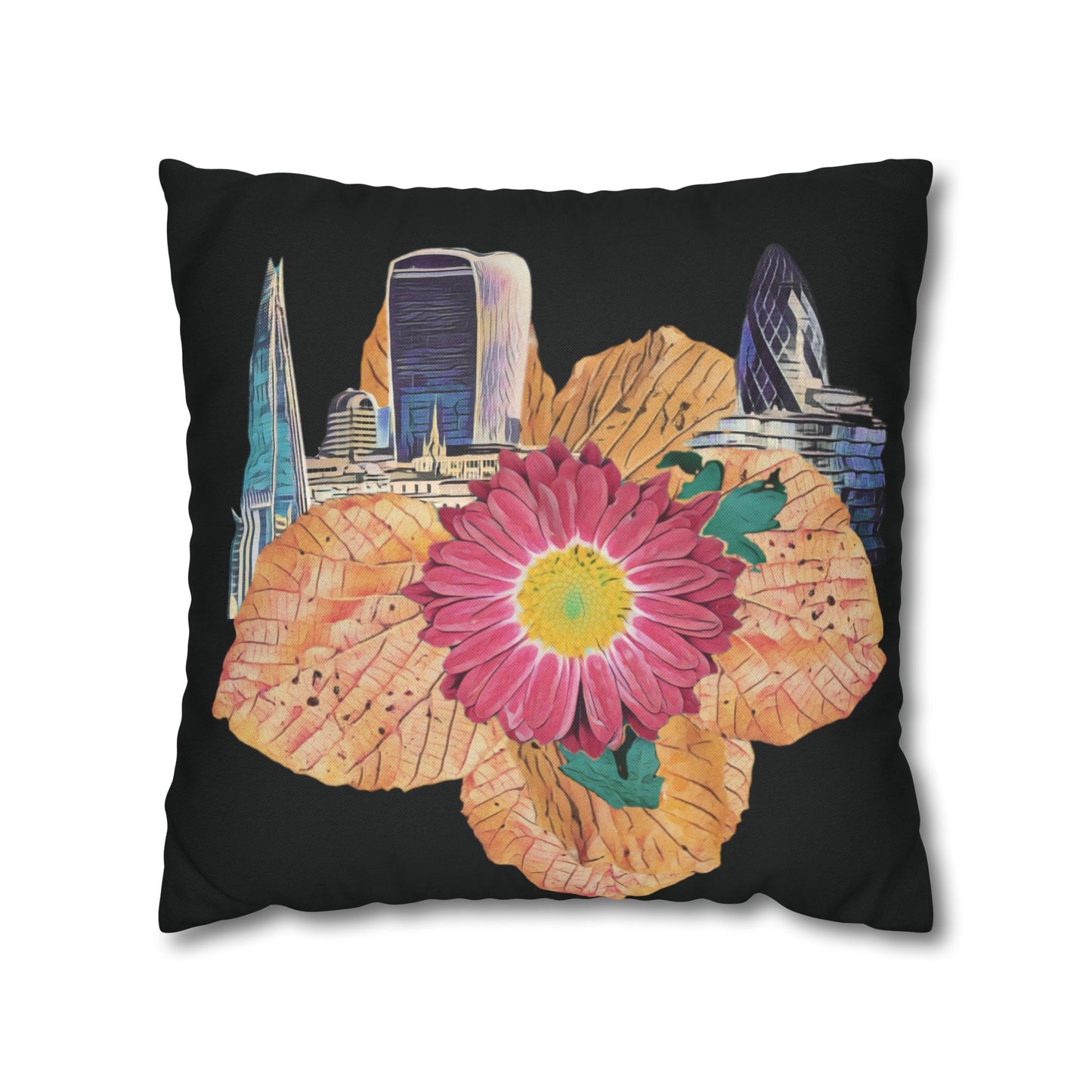 black-pillowcase-london-landmarks-autumn-floral-foliage - front view