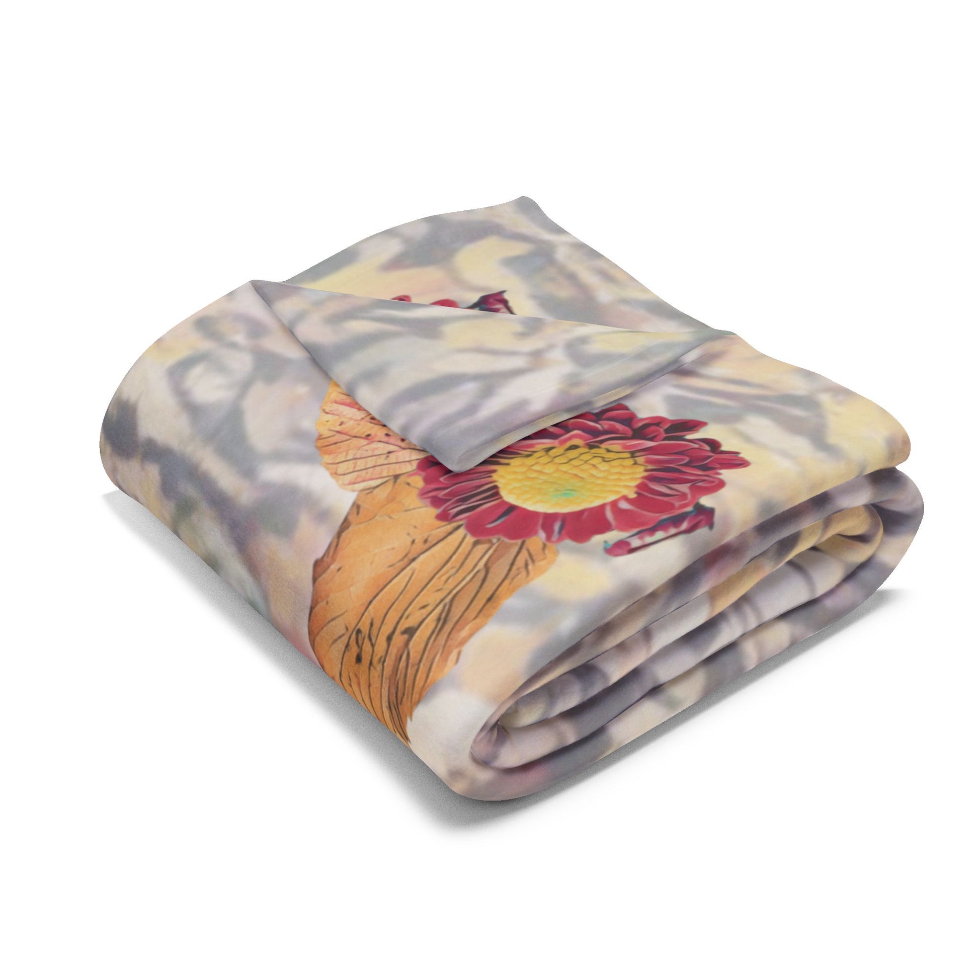 fleece-blanket-fox-pear-pumpkin-rabbit-tomatoes-falling-leaves-design - front view