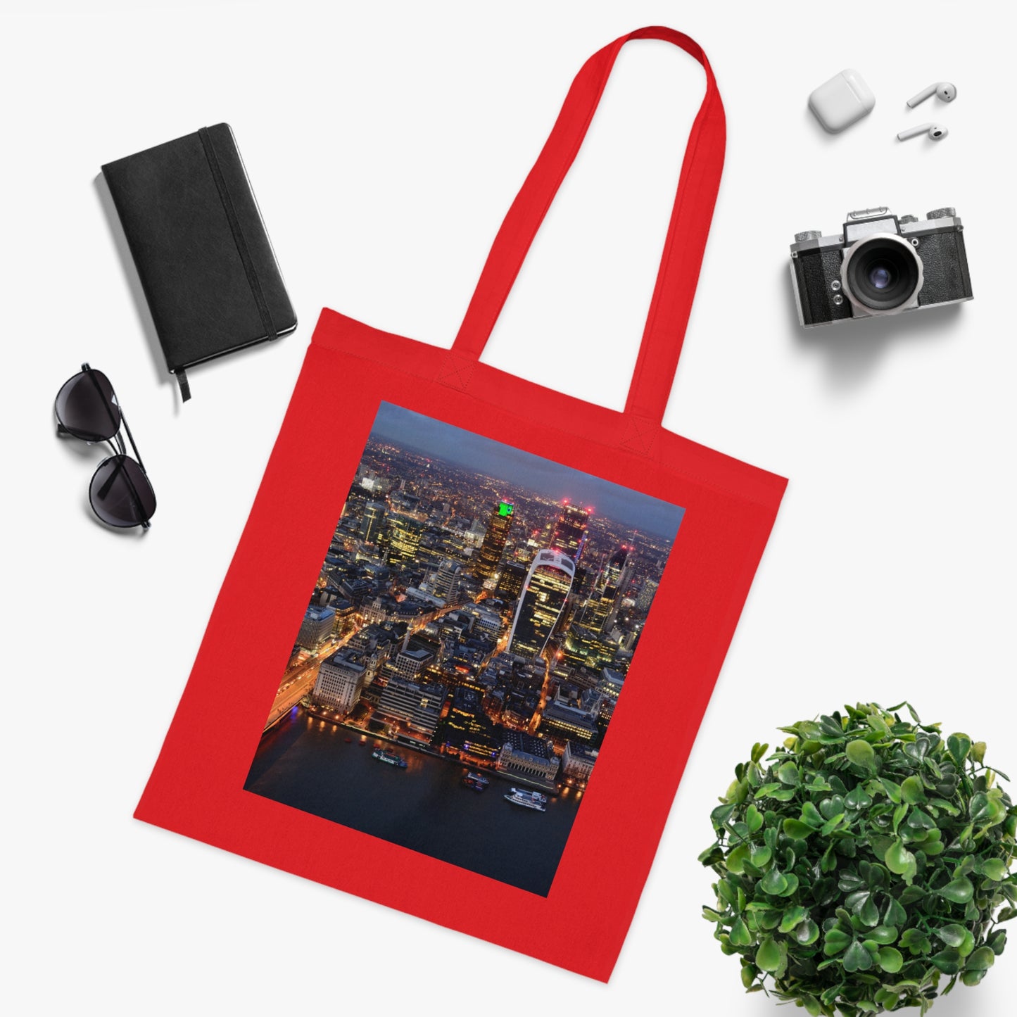 cotton-tote-bag-with-london-skyline-from-the-shard-at-night-shopper-bag-travel-tote-reusable-grocery-bag-cityscape-tote-eco-friendly - front view