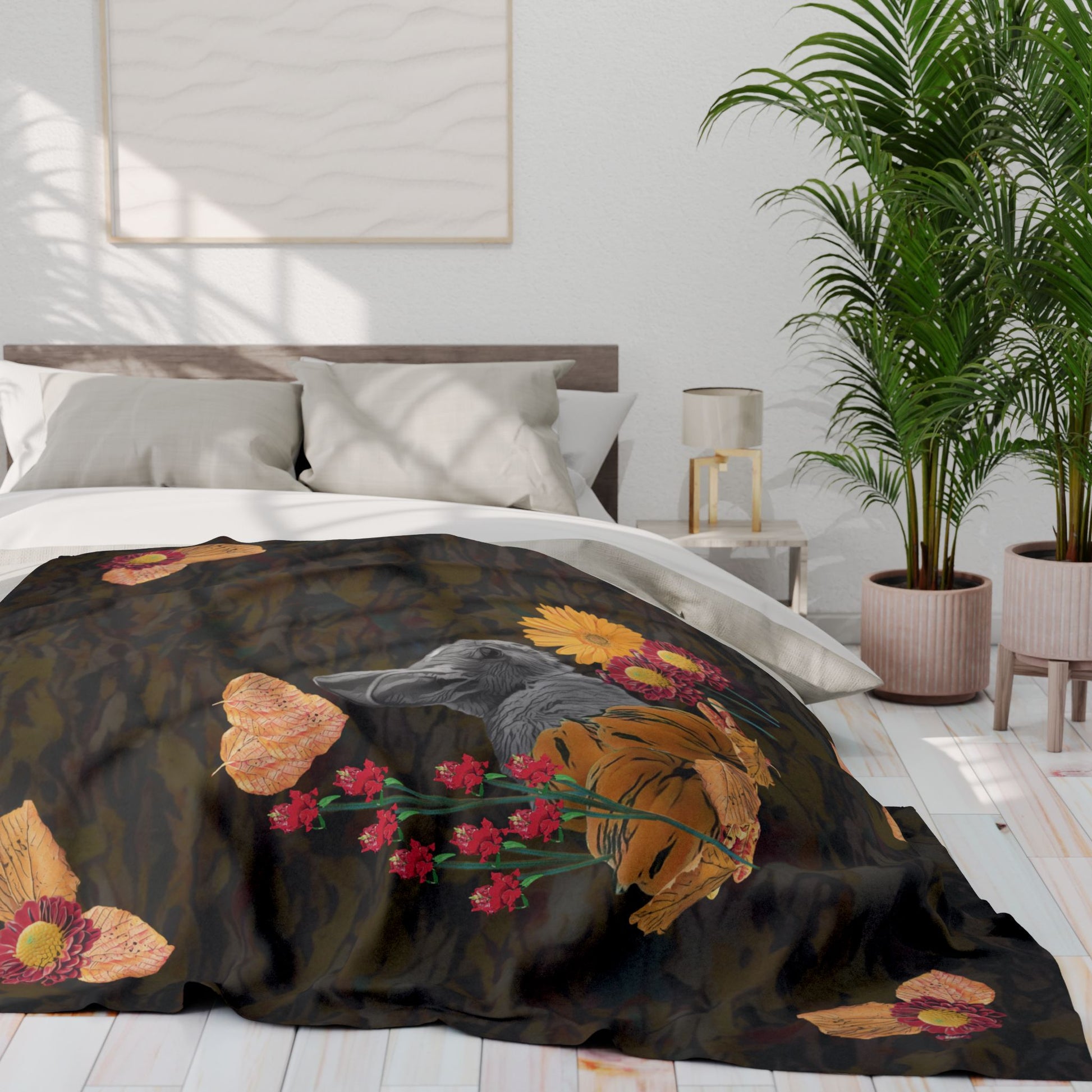 dark-fleece-blanket-fox-pear-pumpkin-rabbit-tomatoes-falling-leaves-design - front view