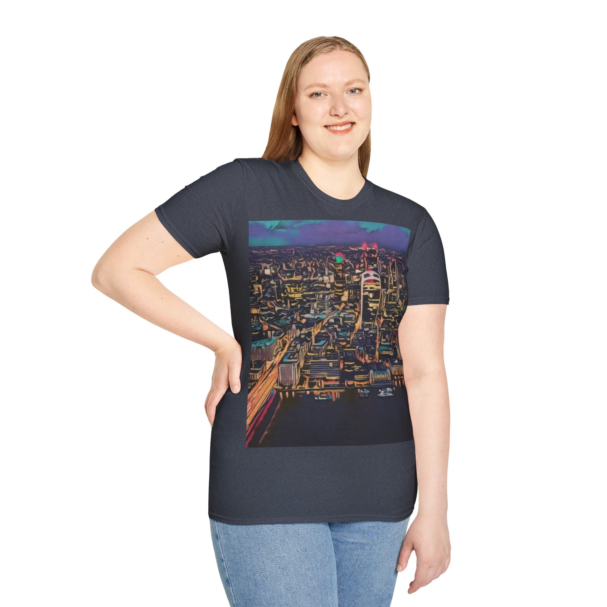 cityscape-art-unisex-softstyle-t-shirt-urban-photography-tee-streetwear-nightlife-fashion-gift-for-travelers-summer-outfit - front view