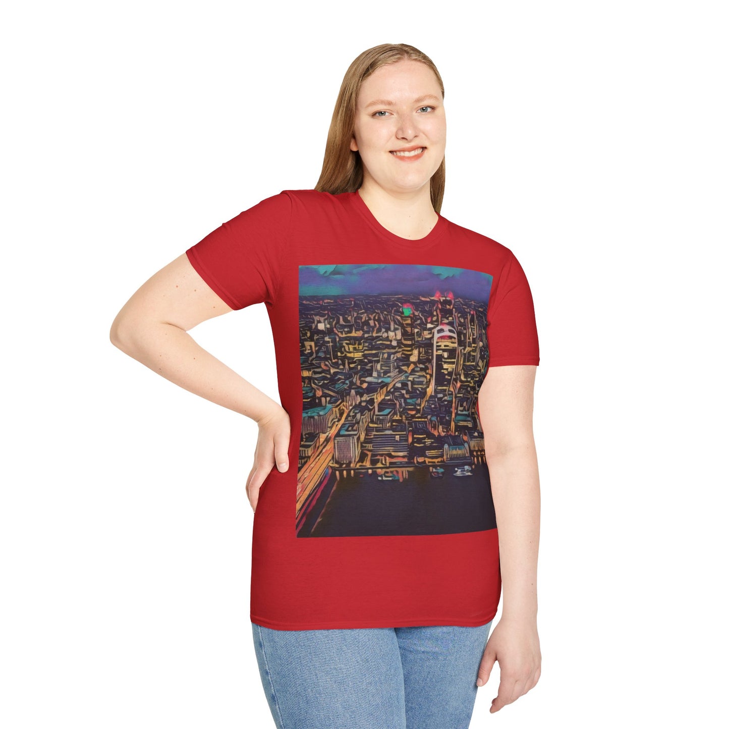 cityscape-art-unisex-softstyle-t-shirt-urban-photography-tee-streetwear-nightlife-fashion-gift-for-travelers-summer-outfit - front view