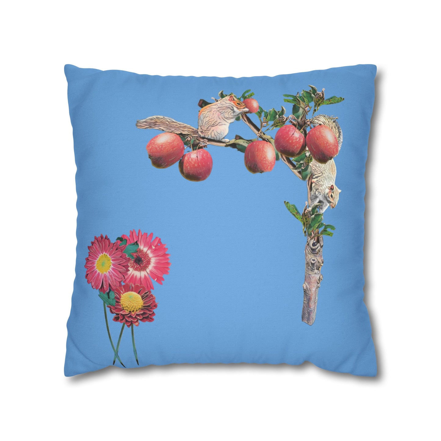light-blue-pillowcase-squirrels-and-apple-tree-floral-design - front view