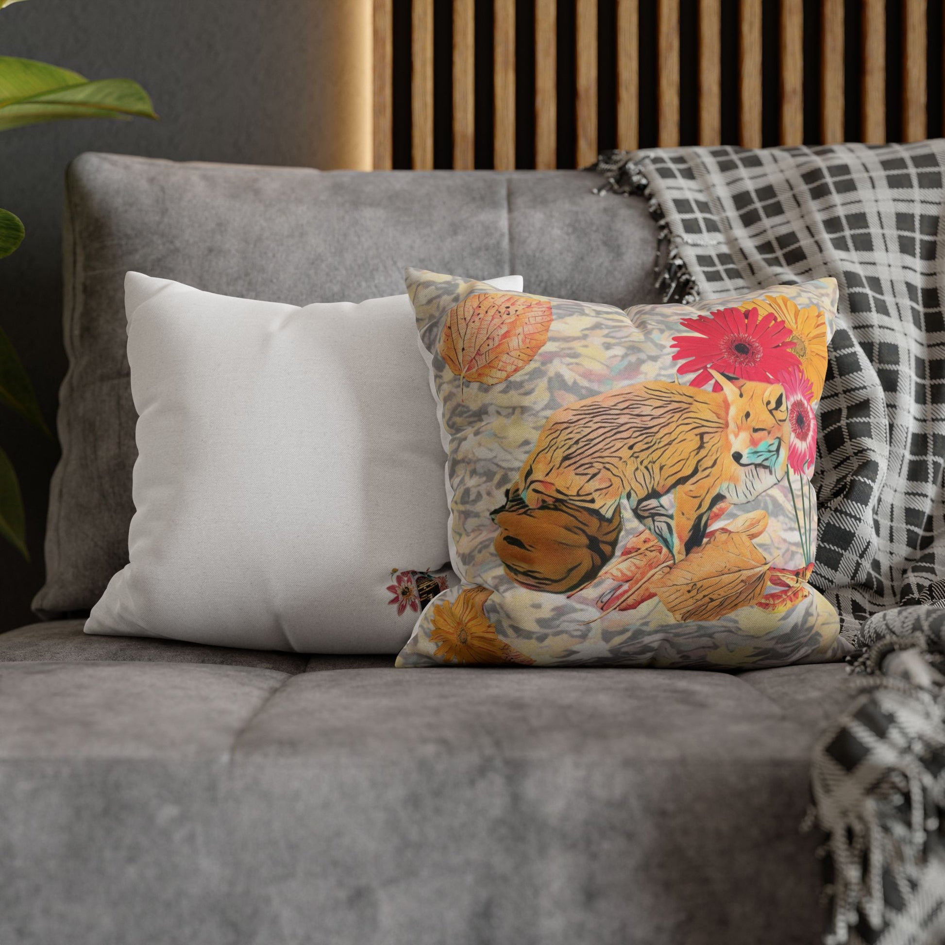 white-pillowcase-cozy-fox-pumpkins-and-chrysanthemum-autumn-leaves-design - front view
