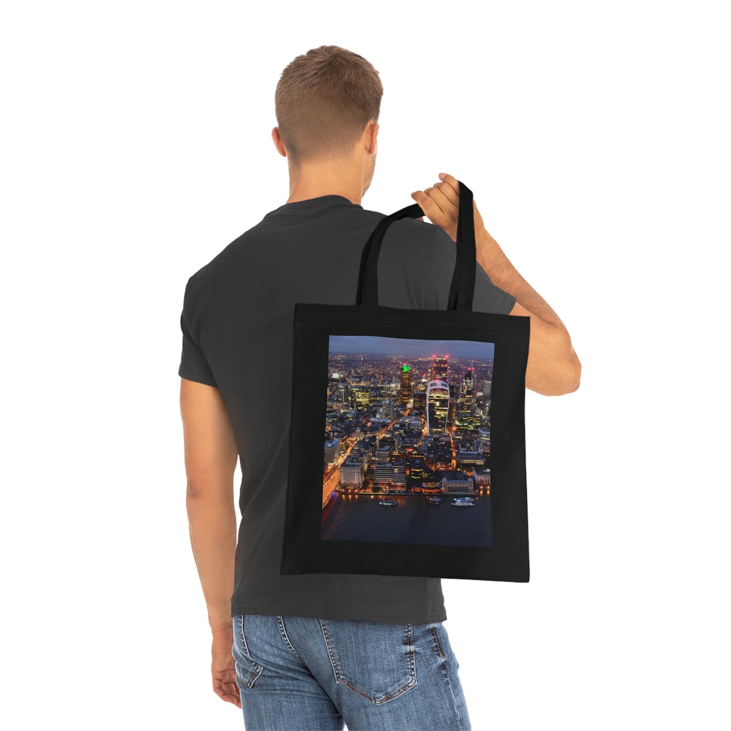 cotton-tote-bag-with-london-skyline-from-the-shard-at-night-shopper-bag-travel-tote-reusable-grocery-bag-cityscape-tote-eco-friendly - front view