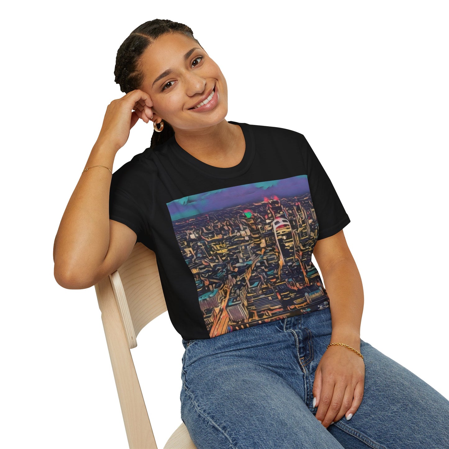 cityscape-art-unisex-softstyle-t-shirt-urban-photography-tee-streetwear-nightlife-fashion-gift-for-travelers-summer-outfit - front view