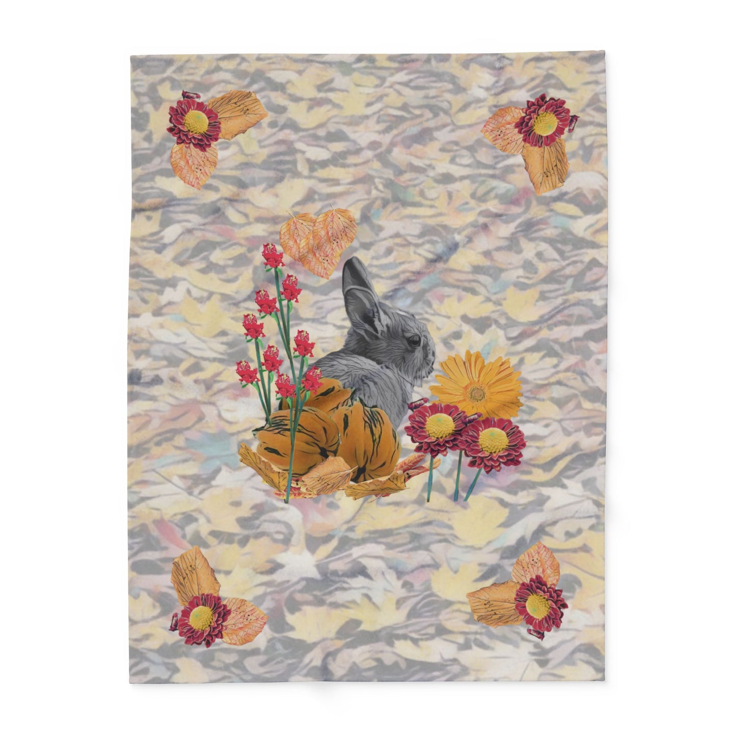 fleece-blanket-fox-pear-pumpkin-rabbit-tomatoes-falling-leaves-design - front view