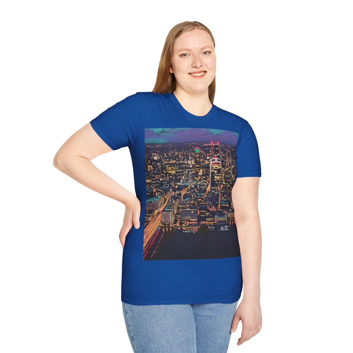 cityscape-art-unisex-softstyle-t-shirt-urban-photography-tee-streetwear-nightlife-fashion-gift-for-travelers-summer-outfit - front view