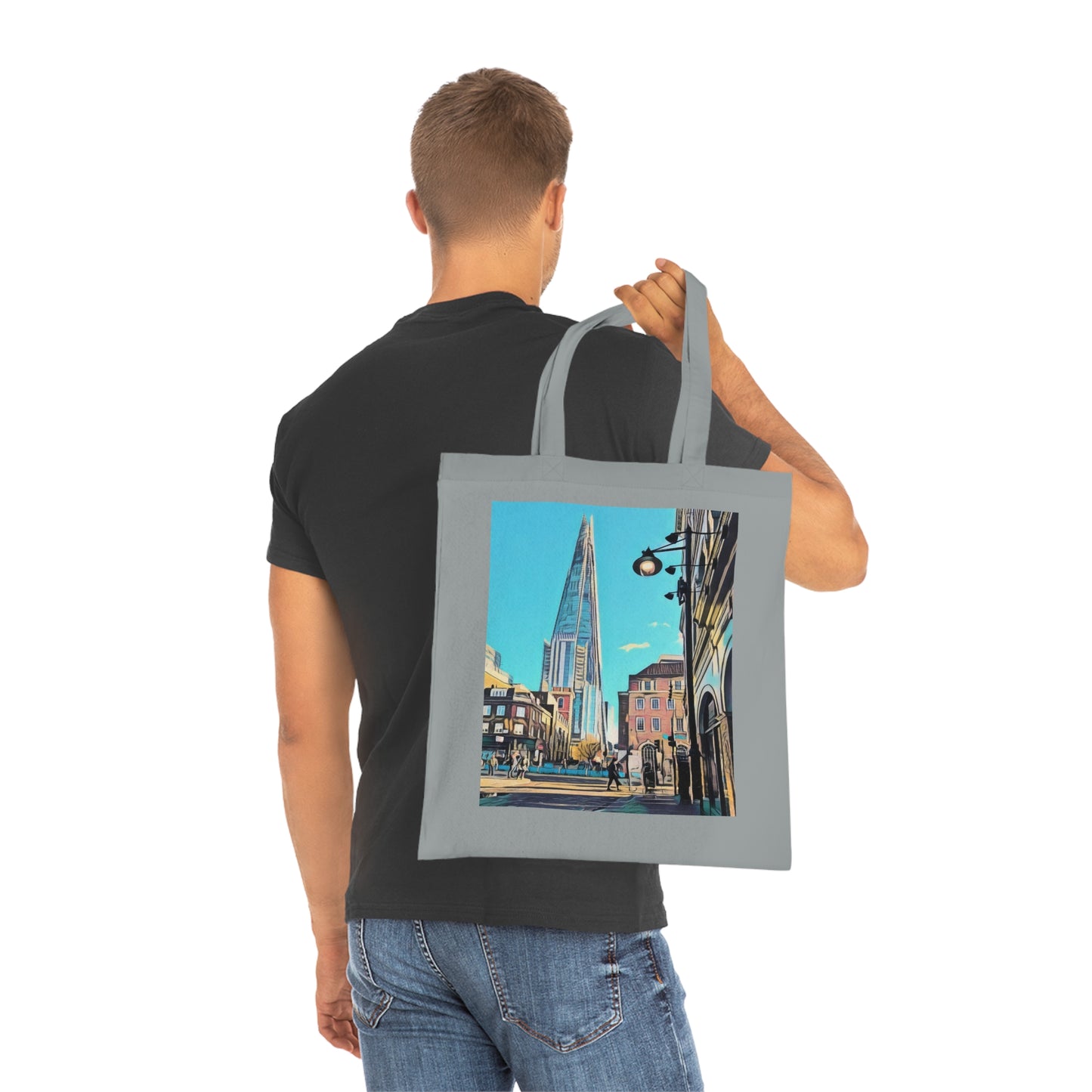 cotton-tote-bag-with-london-shard-at-night-shopper-bag-travel-tote-reusable-grocery-bag-cityscape-tote-eco-friendly - front view