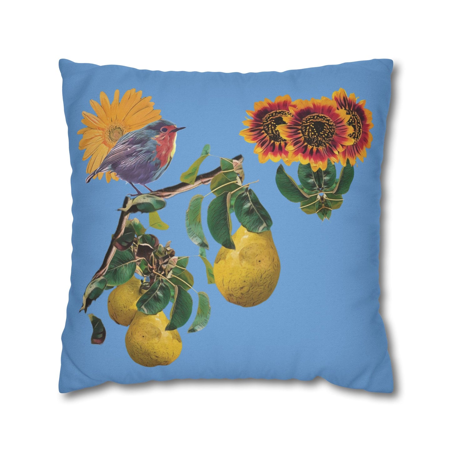 light-blue-pillowcase-robin-and-pears-tree-and-sunflower-design - front view