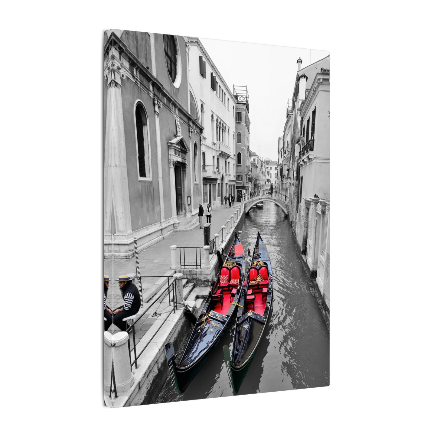 Venice Gondola Canvas Print — Black & White Scene with Colored Gondolas
