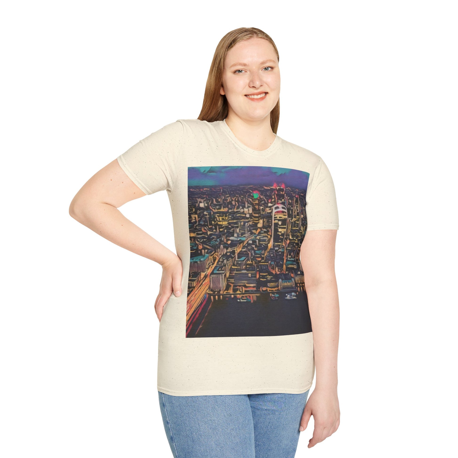 cityscape-art-unisex-softstyle-t-shirt-urban-photography-tee-streetwear-nightlife-fashion-gift-for-travelers-summer-outfit - front view