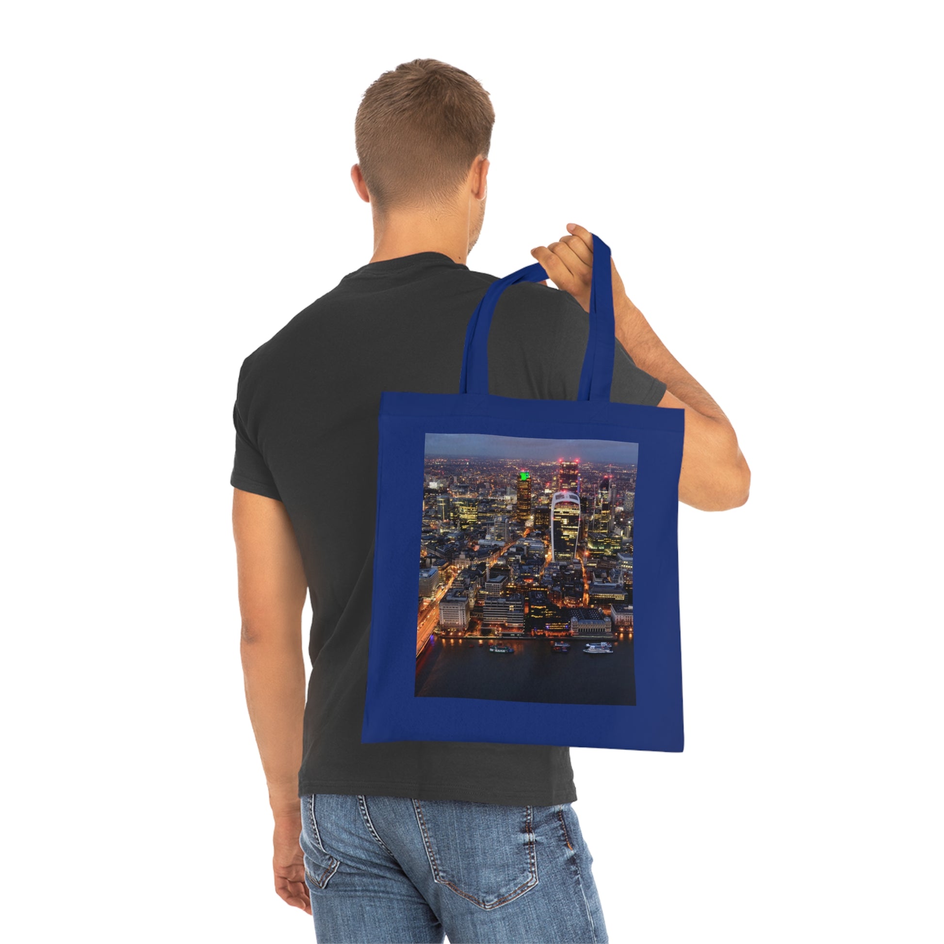 cotton-tote-bag-with-london-skyline-from-the-shard-at-night-shopper-bag-travel-tote-reusable-grocery-bag-cityscape-tote-eco-friendly - front view