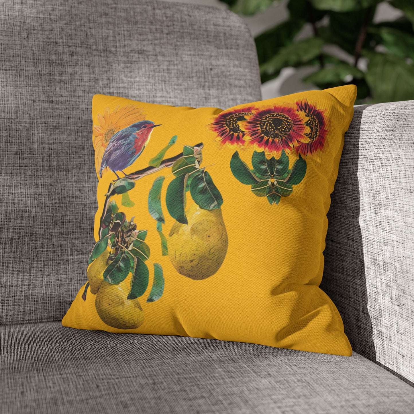 black-pillowcase-robin-and-pears-tree-and-sunflower-design - front view