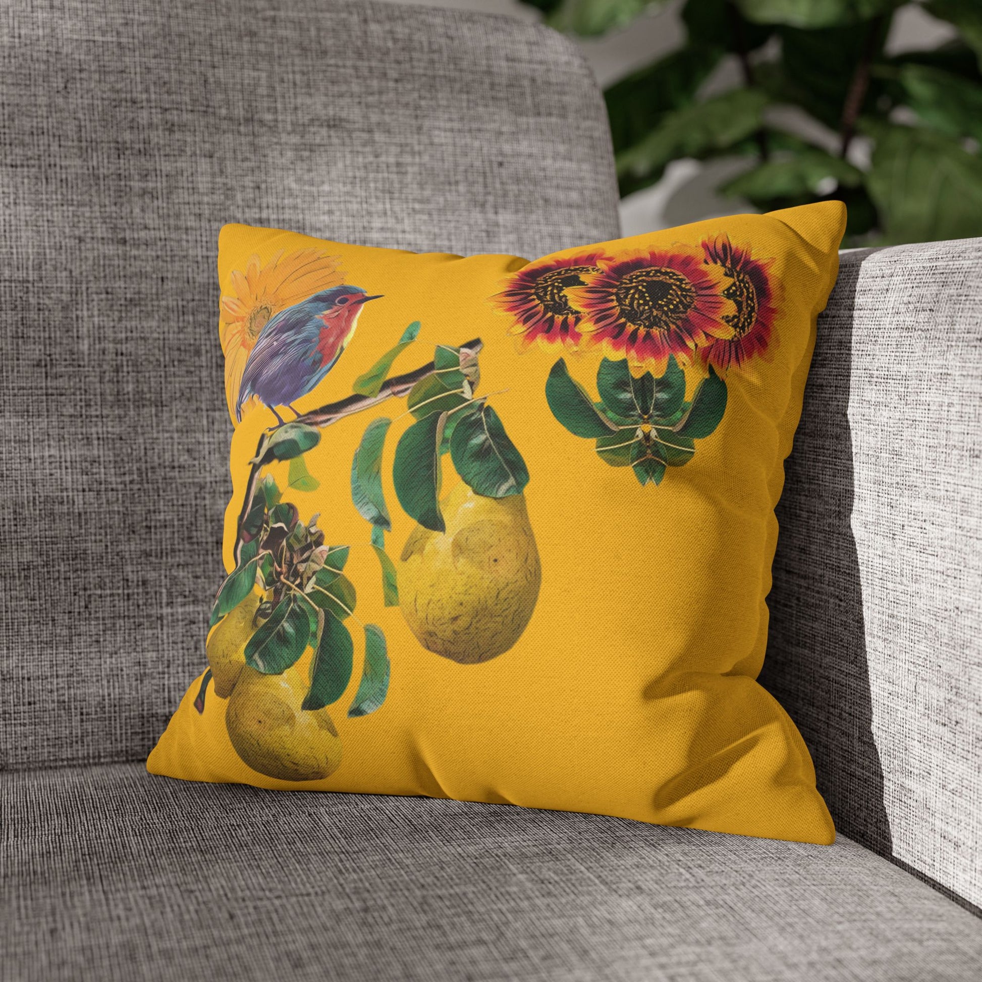 black-pillowcase-robin-and-pears-tree-and-sunflower-design - front view