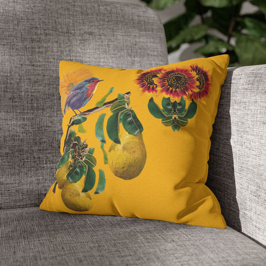 black-pillowcase-robin-and-pears-tree-and-sunflower-design - front view