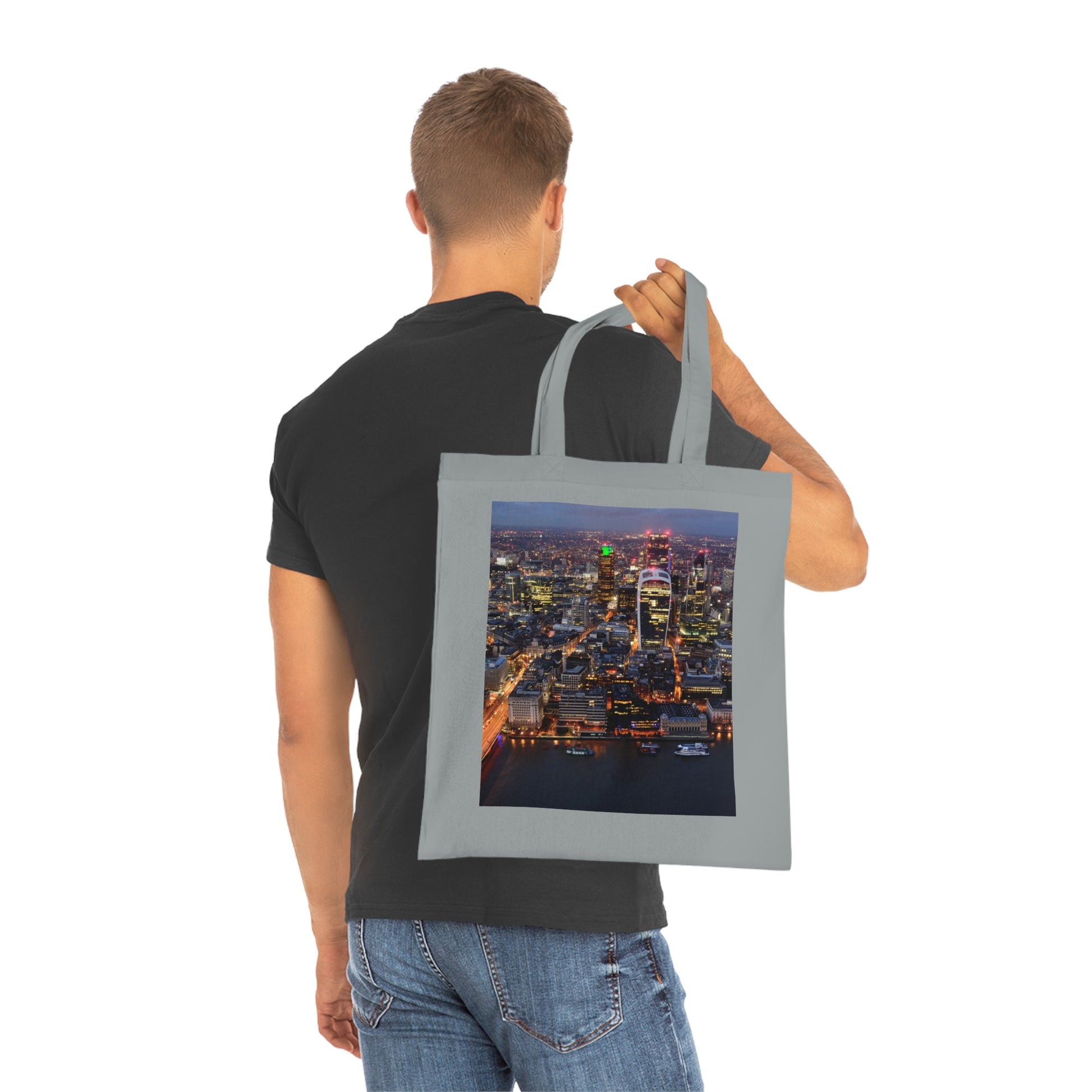 cotton-tote-bag-with-london-skyline-from-the-shard-at-night-shopper-bag-travel-tote-reusable-grocery-bag-cityscape-tote-eco-friendly - front view