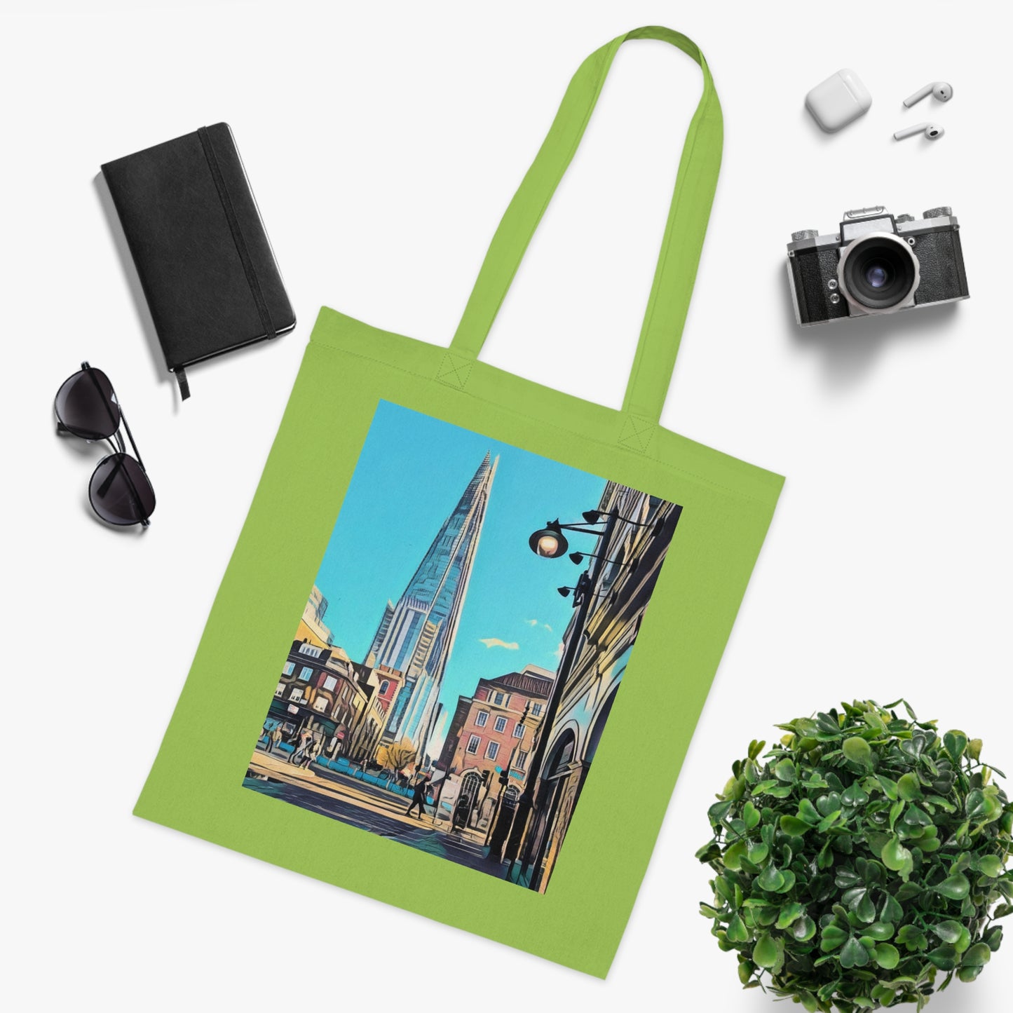 cotton-tote-bag-with-london-shard-at-night-shopper-bag-travel-tote-reusable-grocery-bag-cityscape-tote-eco-friendly - front view
