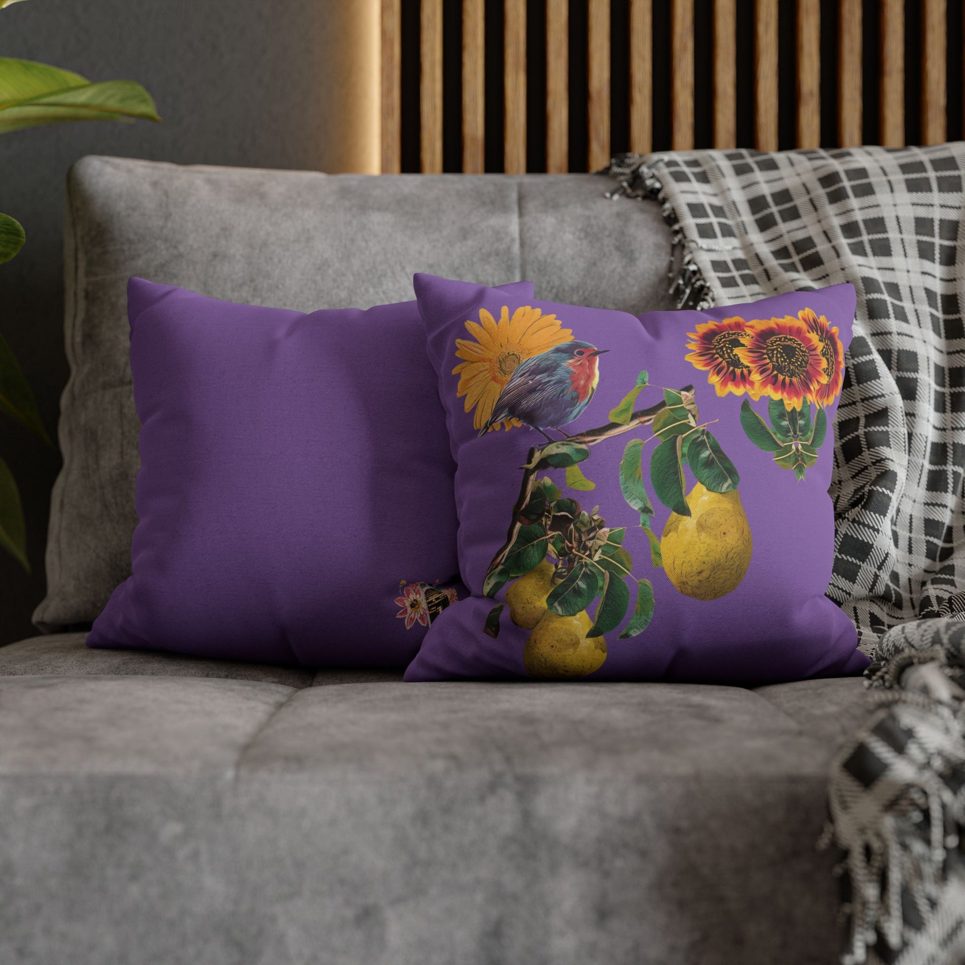 lavander-pillowcase-robin-and-pears-tree-and-sunflower-design - front view
