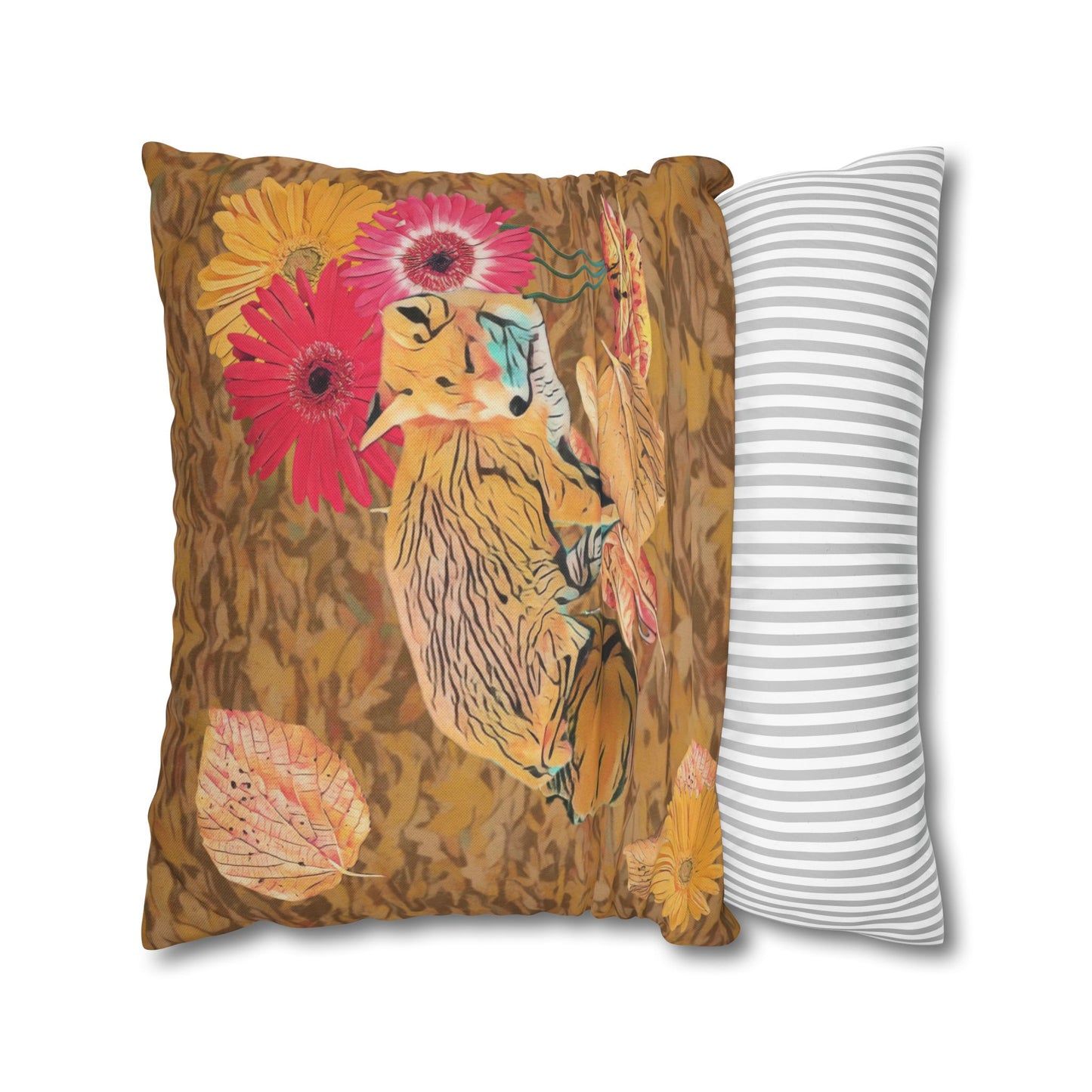 light-brown-pillowcase-cozy-fox-pumpkins-and-chrysanthemum-autumn-leaves-design - front view