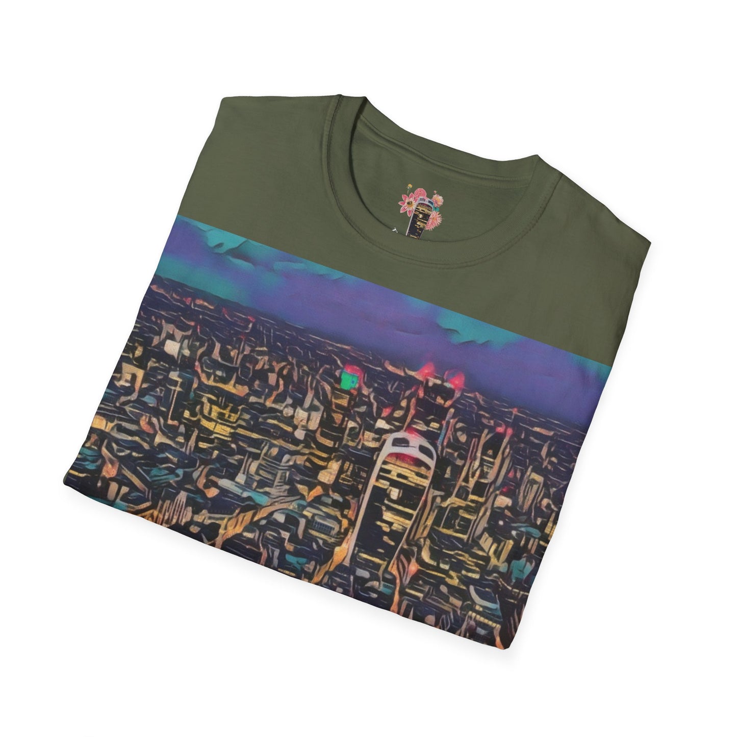 cityscape-art-unisex-softstyle-t-shirt-urban-photography-tee-streetwear-nightlife-fashion-gift-for-travelers-summer-outfit - front view