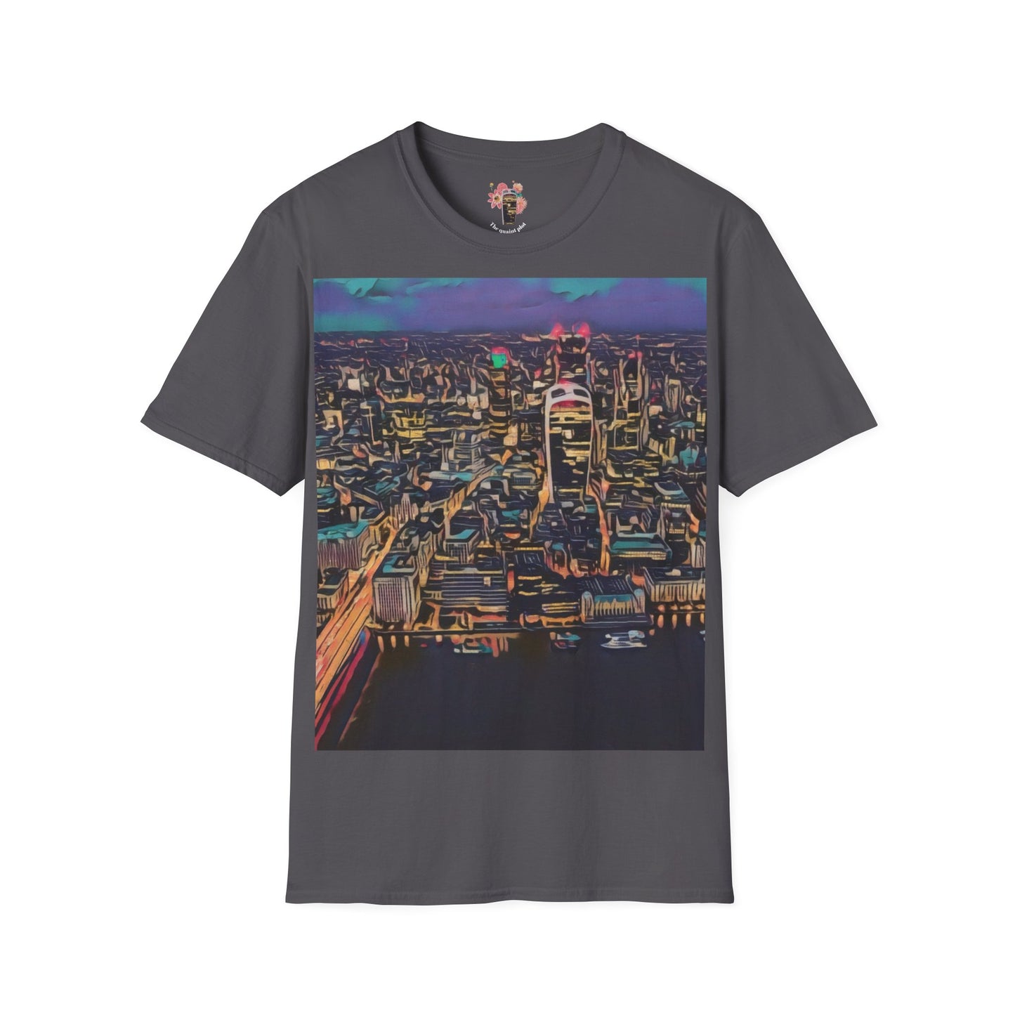 cityscape-art-unisex-softstyle-t-shirt-urban-photography-tee-streetwear-nightlife-fashion-gift-for-travelers-summer-outfit - front view