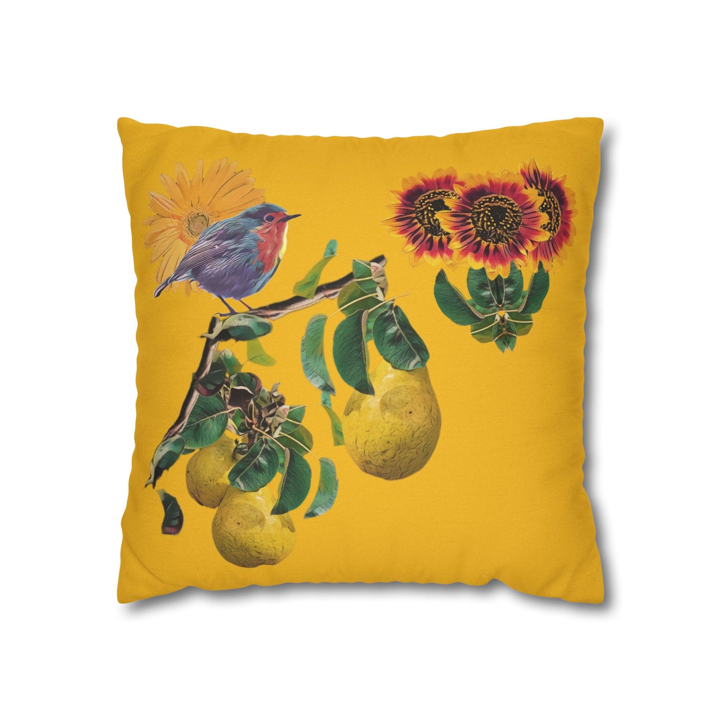 black-pillowcase-robin-and-pears-tree-and-sunflower-design - front view
