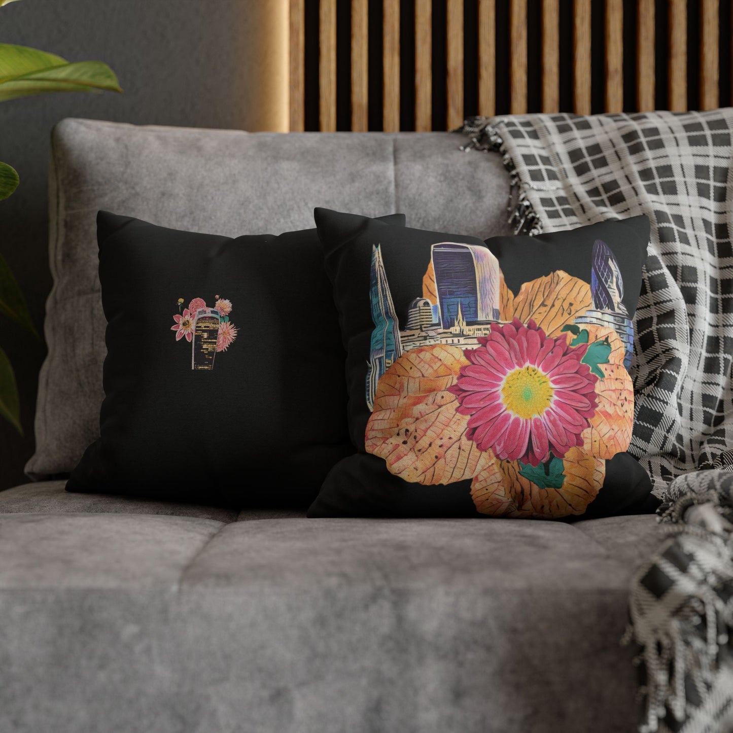 black-pillowcase-london-landmarks-autumn-floral-foliage - front view