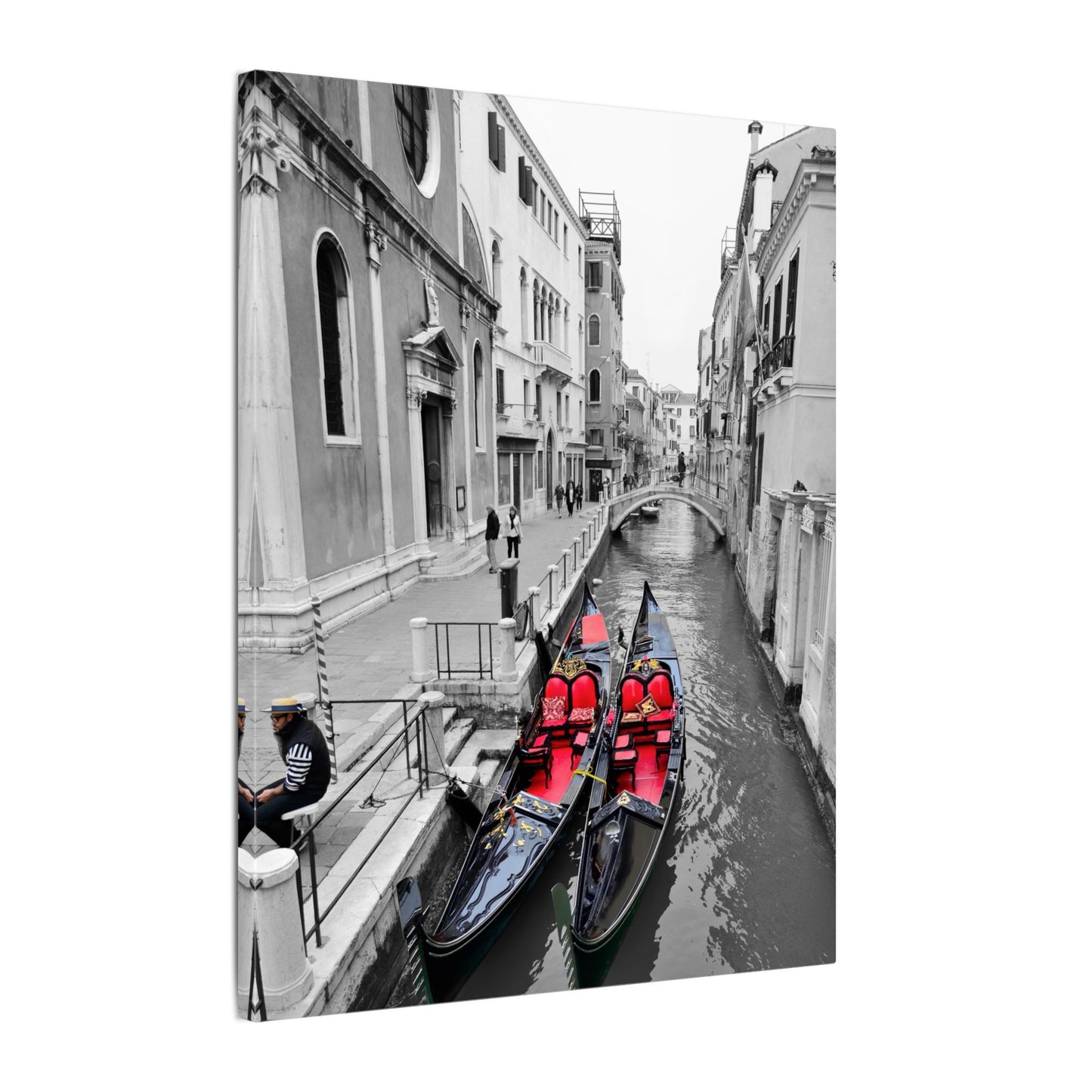 Venice Gondola Canvas Print — Black & White Scene with Colored Gondolas