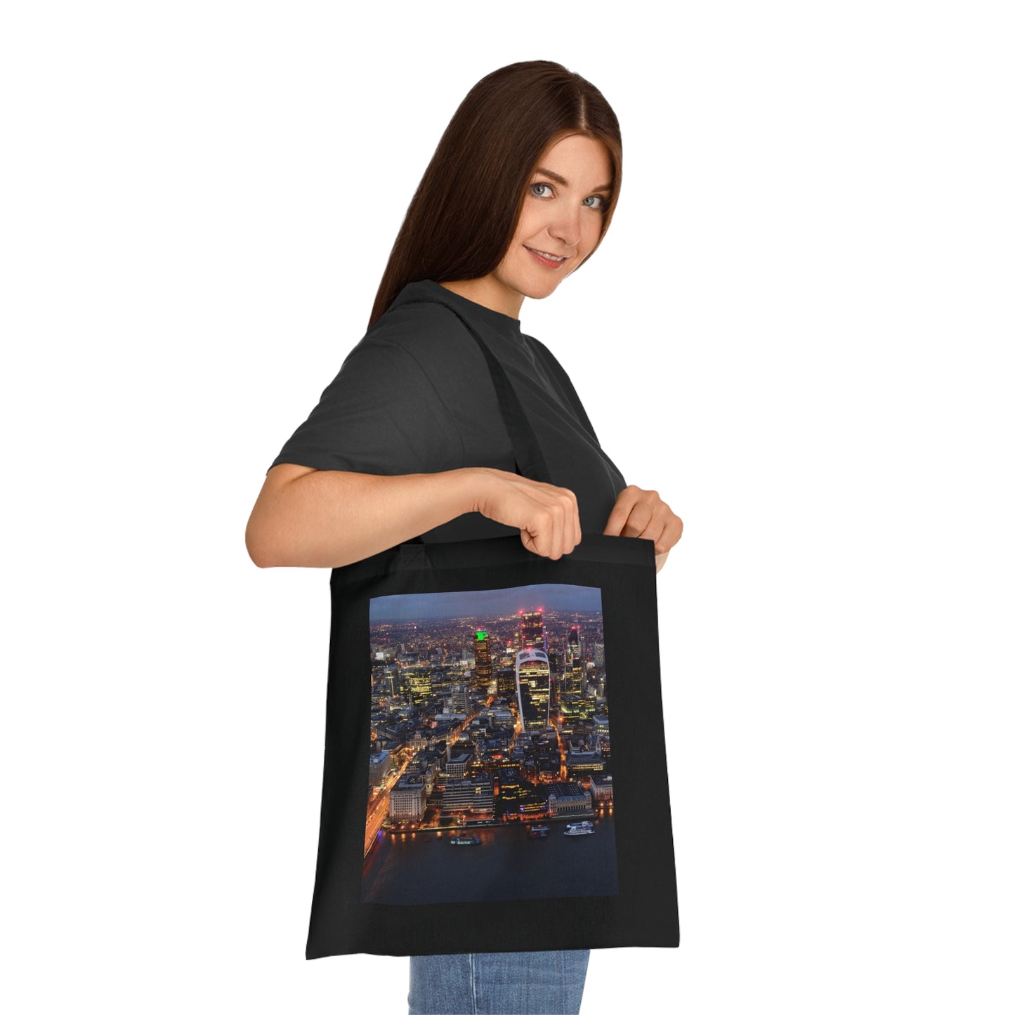 cotton-tote-bag-with-london-skyline-from-the-shard-at-night-shopper-bag-travel-tote-reusable-grocery-bag-cityscape-tote-eco-friendly - front view