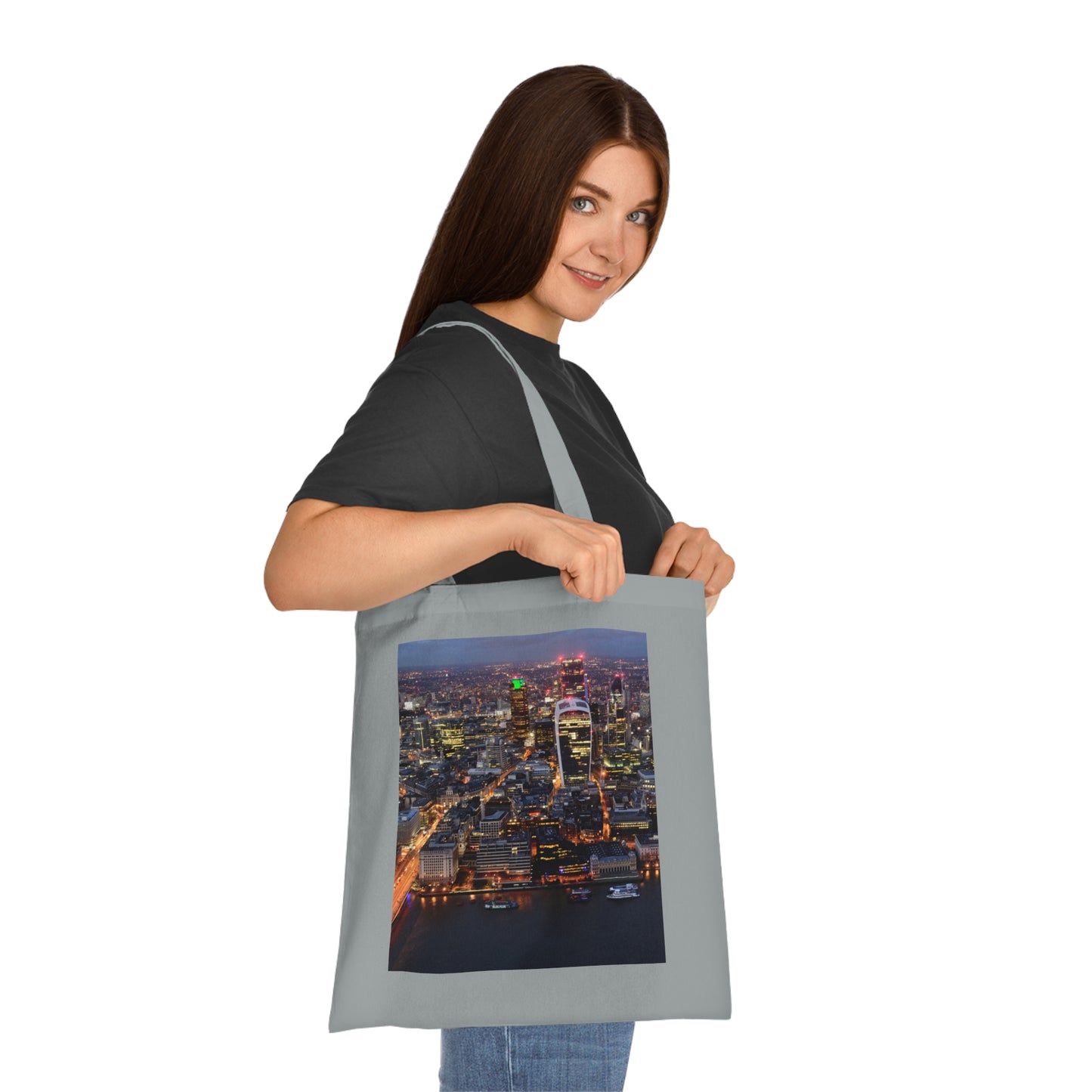cotton-tote-bag-with-london-skyline-from-the-shard-at-night-shopper-bag-travel-tote-reusable-grocery-bag-cityscape-tote-eco-friendly - front view